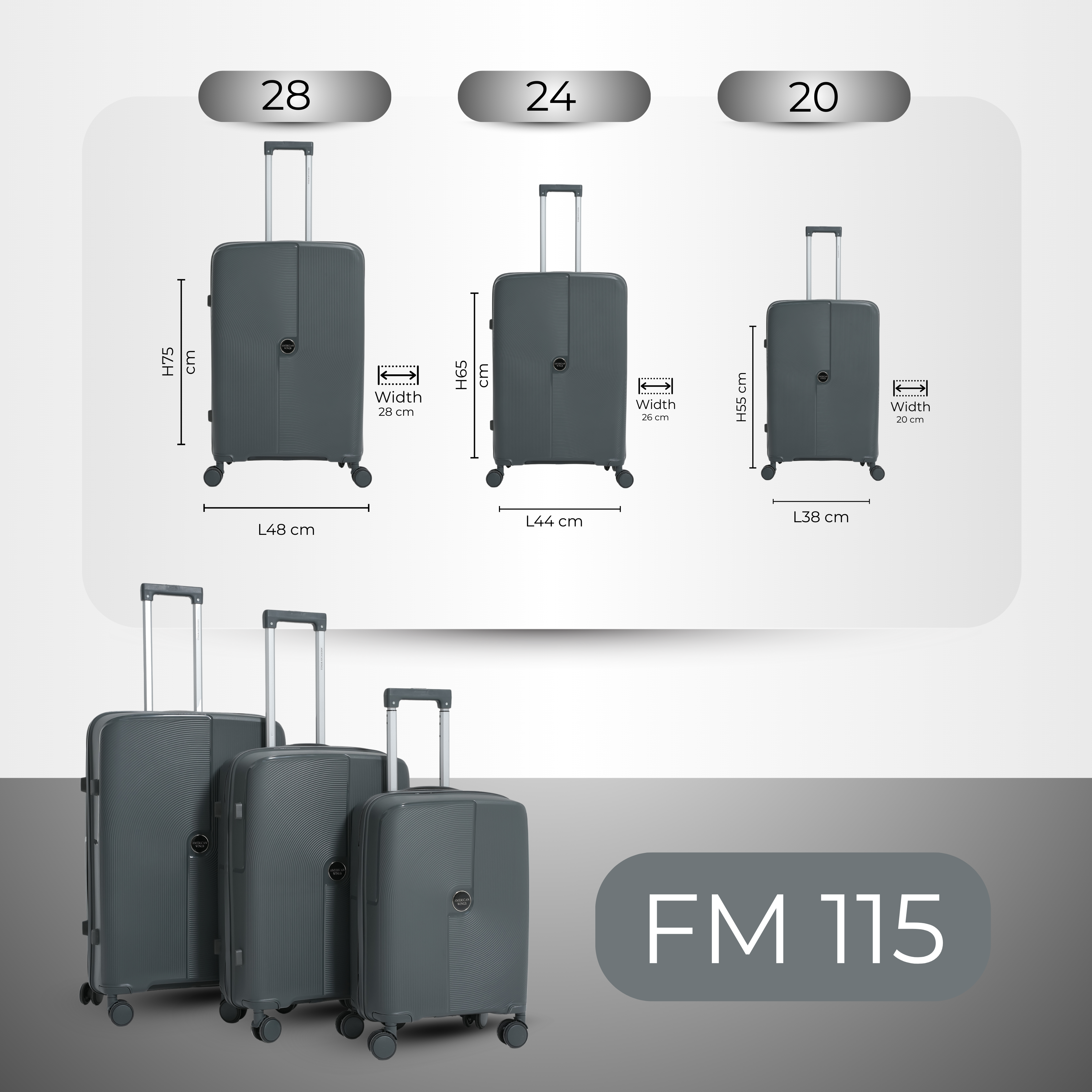 مجموعة حقائب سفر بعجلات من أمريكان وينجز، 3 قطع، مصنوعة من مادة البولي بروبيلين الرمادية