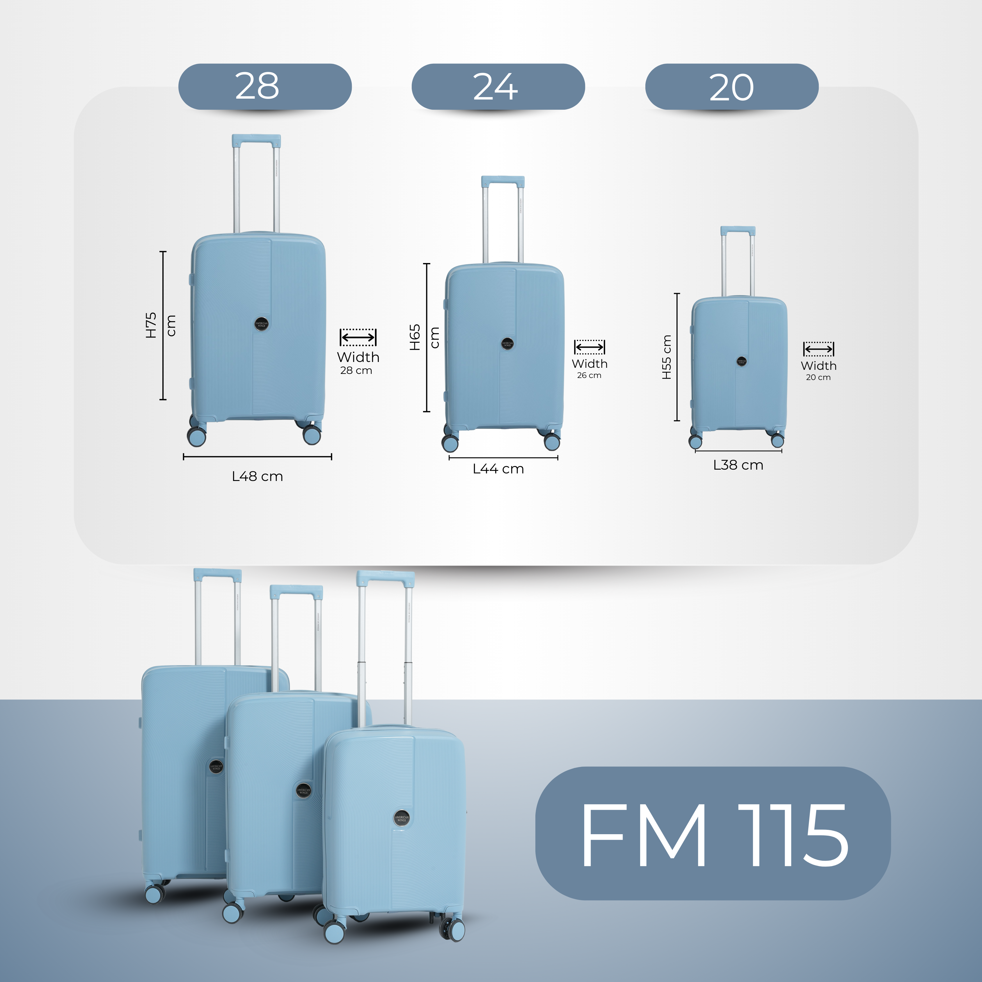 مجموعة حقائب سفر بعجلات من AMERICAN WINGS، 3 قطع، لون أزرق فاتح، PP