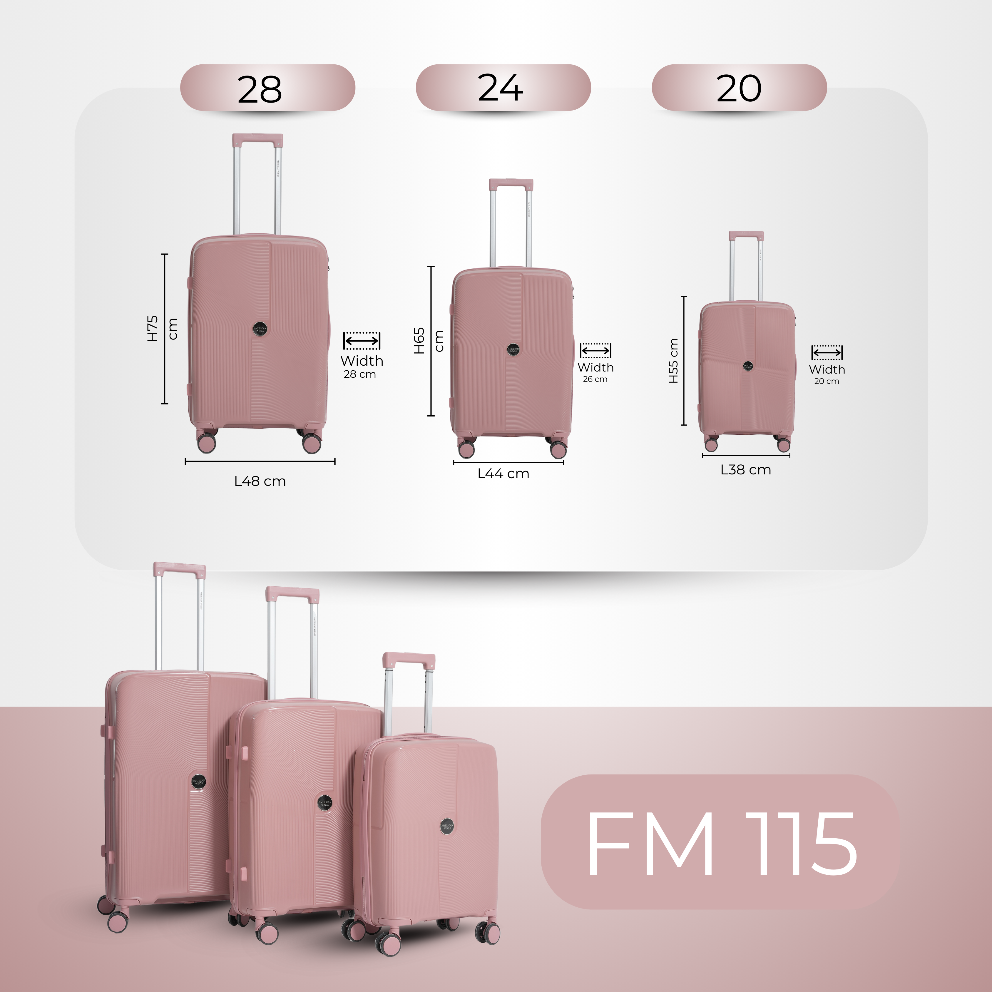 مجموعة حقائب سفر بعجلات من AMERICAN WINGS مكونة من 3 قطع من مادة البولي بروبيلين باللون الذهبي الوردي