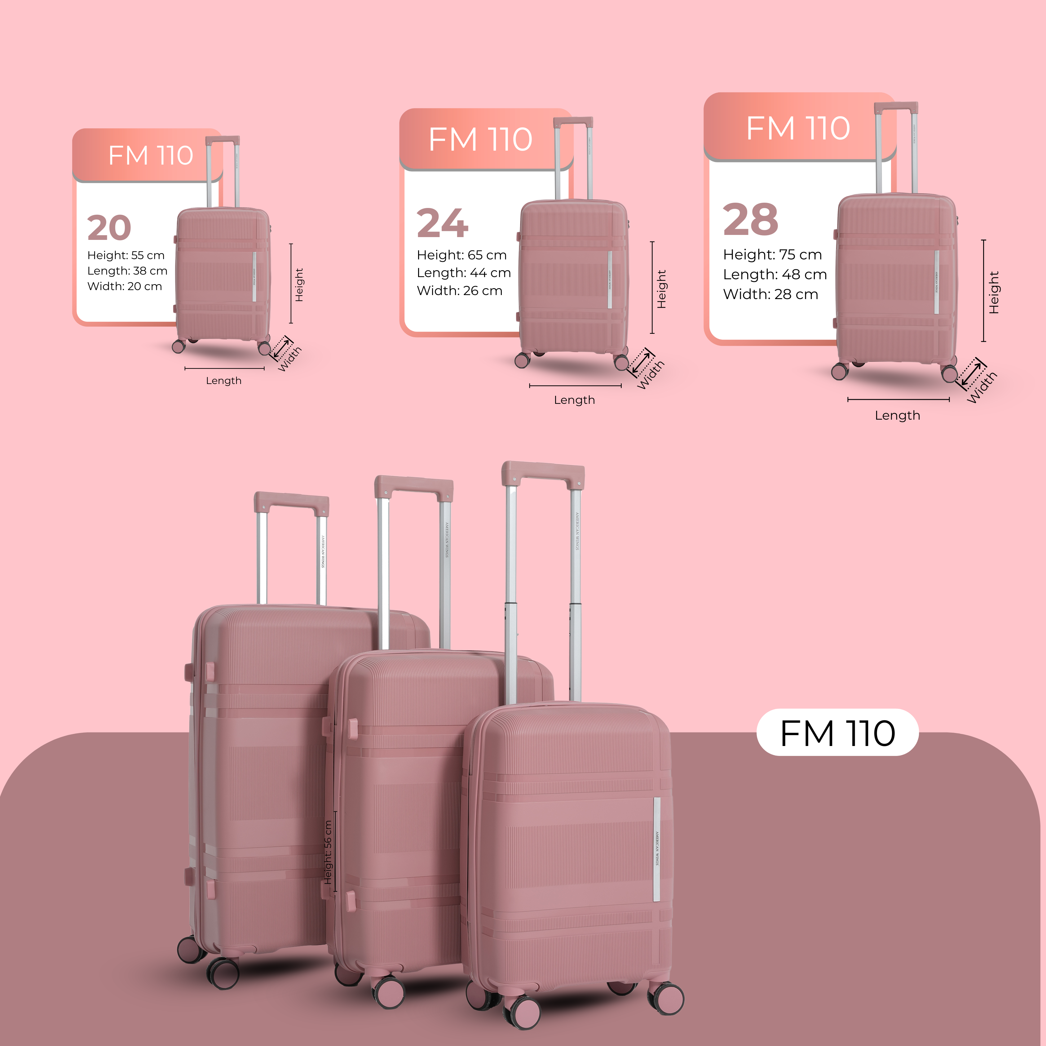 مجموعة حقائب سفر بعجلات من AMERICAN WINGS مكونة من 3 قطع من مادة البولي بروبيلين باللون الذهبي الوردي