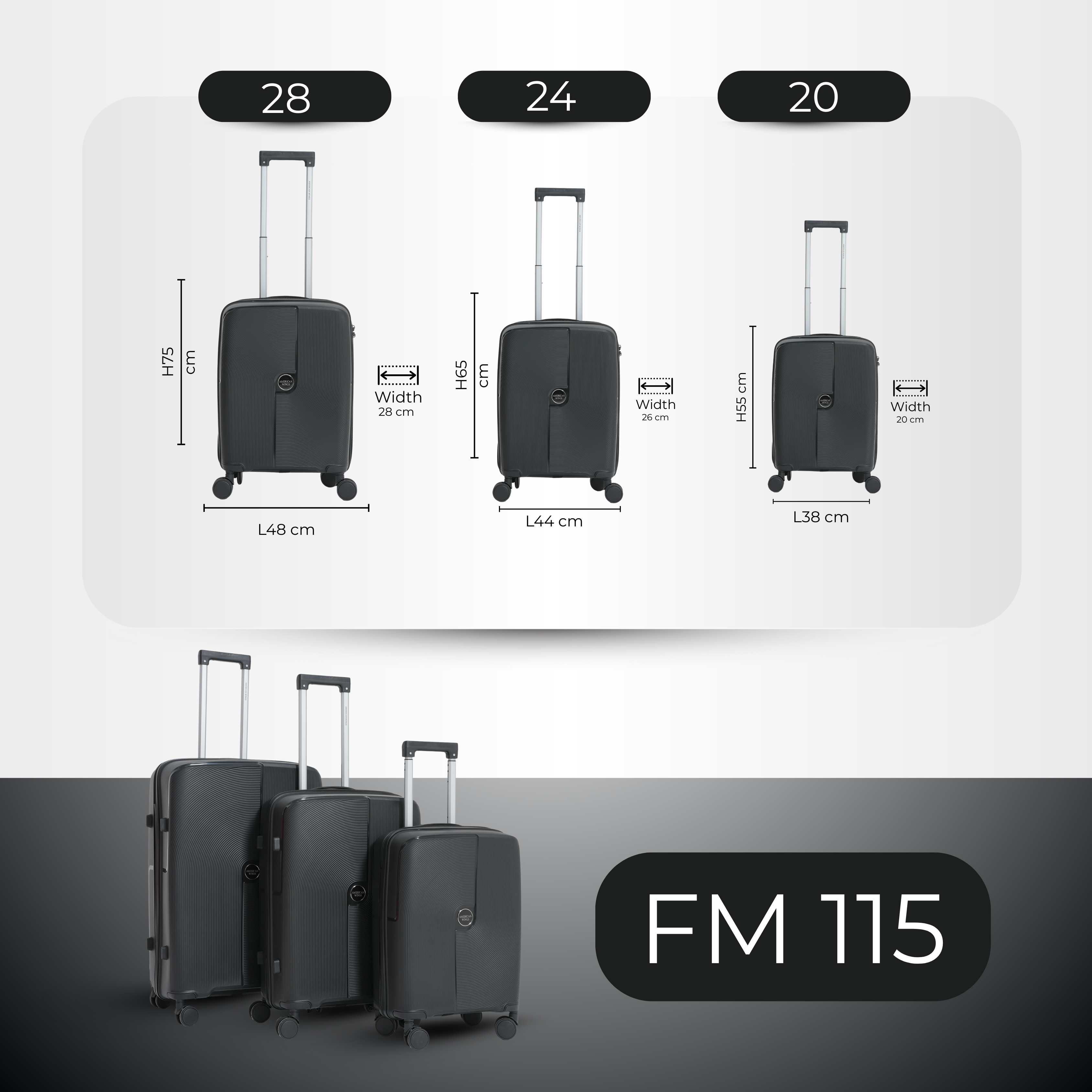 مجموعة حقائب سفر بعجلات من أمريكان وينجز، 3 قطع، مصنوعة من مادة البولي بروبيلين باللون الأسود