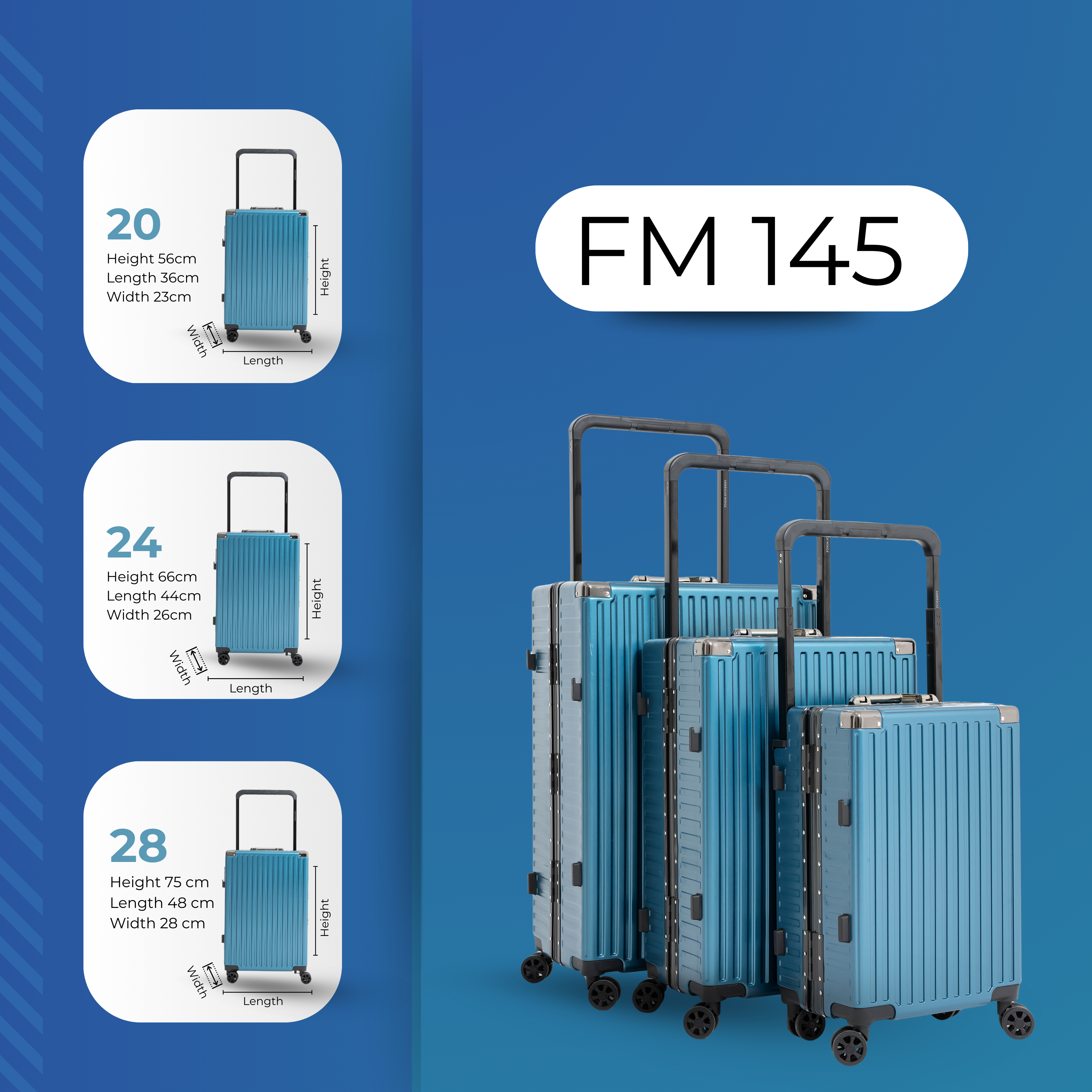AMERICAN WINGS 3PCS Blue Aluminum Frame Luggage Set - Secure, Structural & Stylish