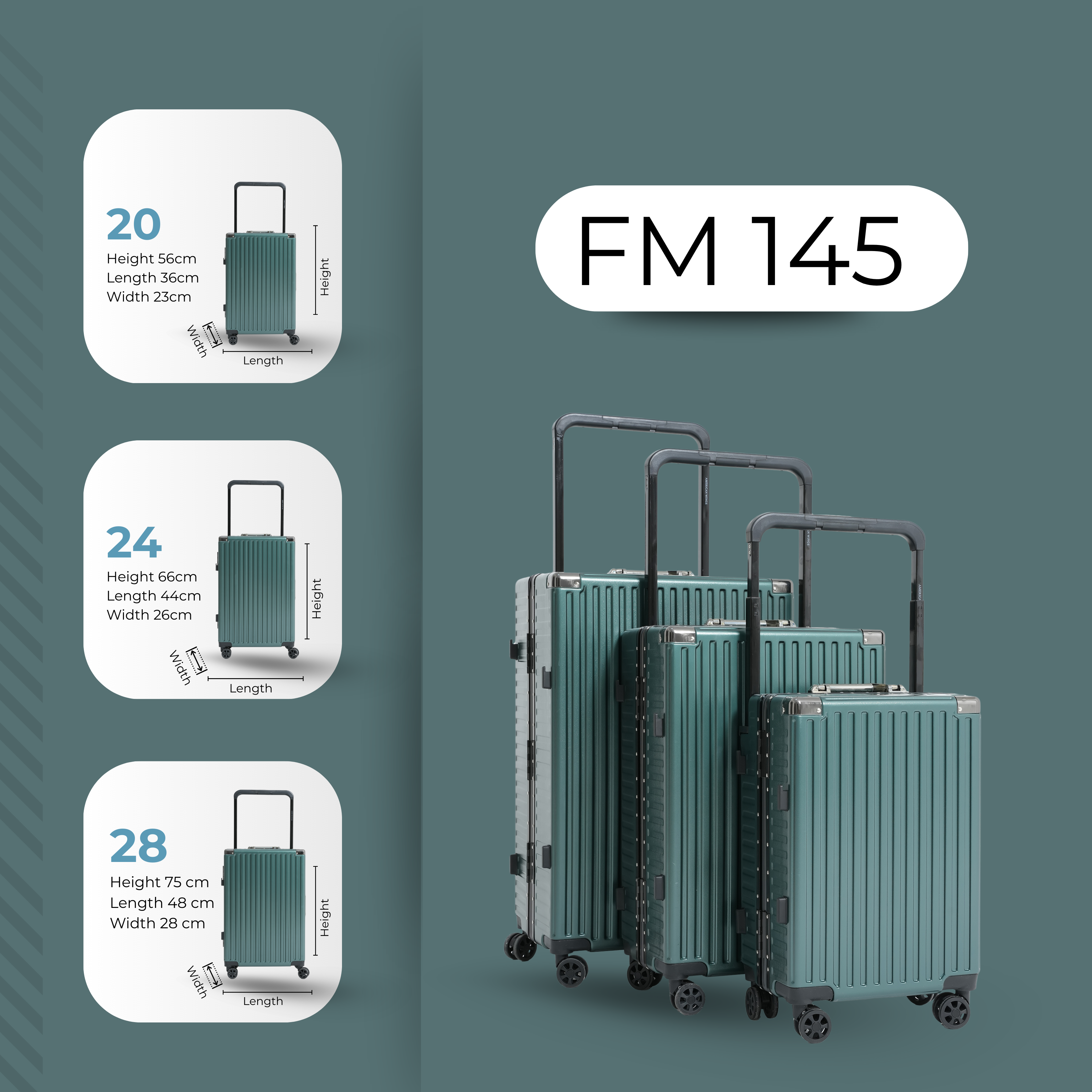 مجموعة حقائب سفر أمريكان وينجز، 3 قطع، بإطار من الألومنيوم الأخضر