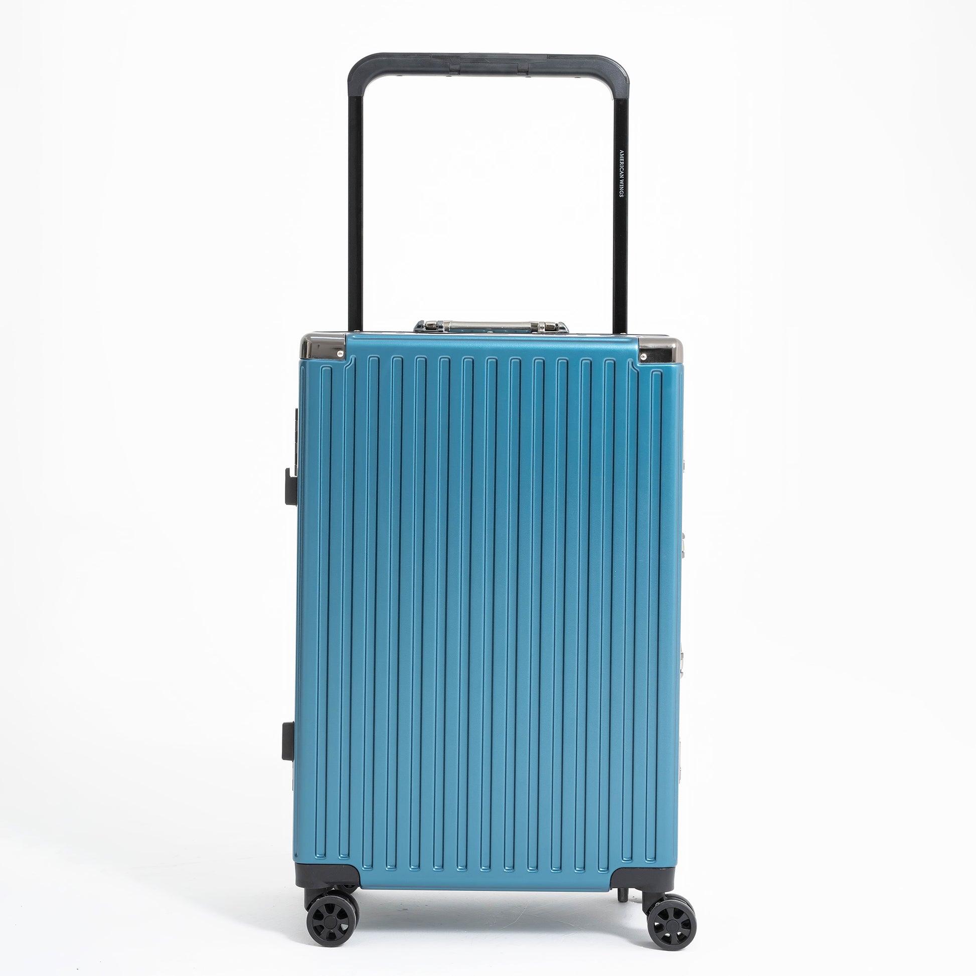 Blue suitcase with a black handle on a white background