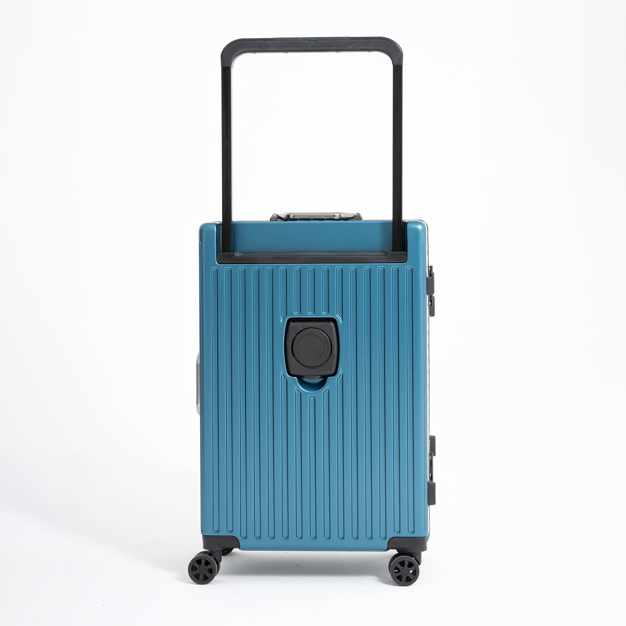 Blue suitcase with a black handle and wheels on a white background