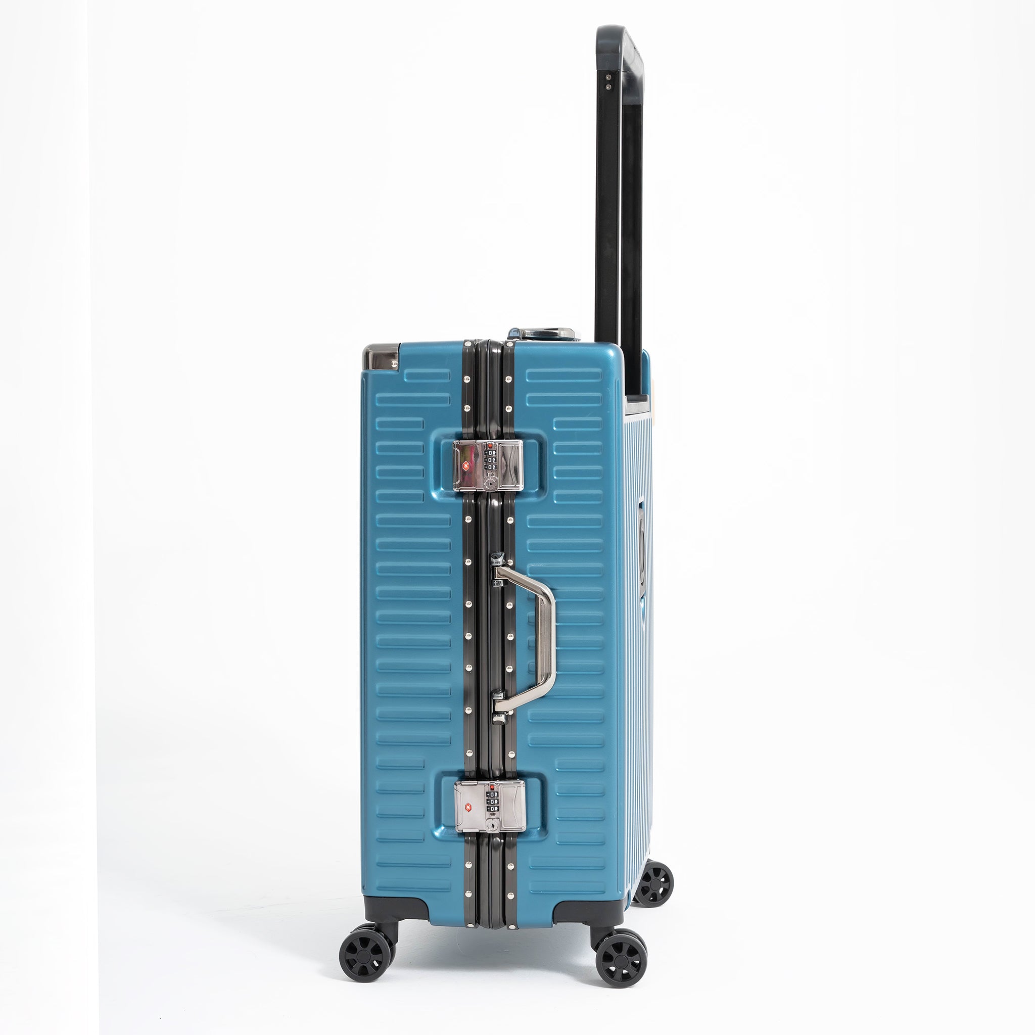 Blue suitcase with a handle extended on a white background