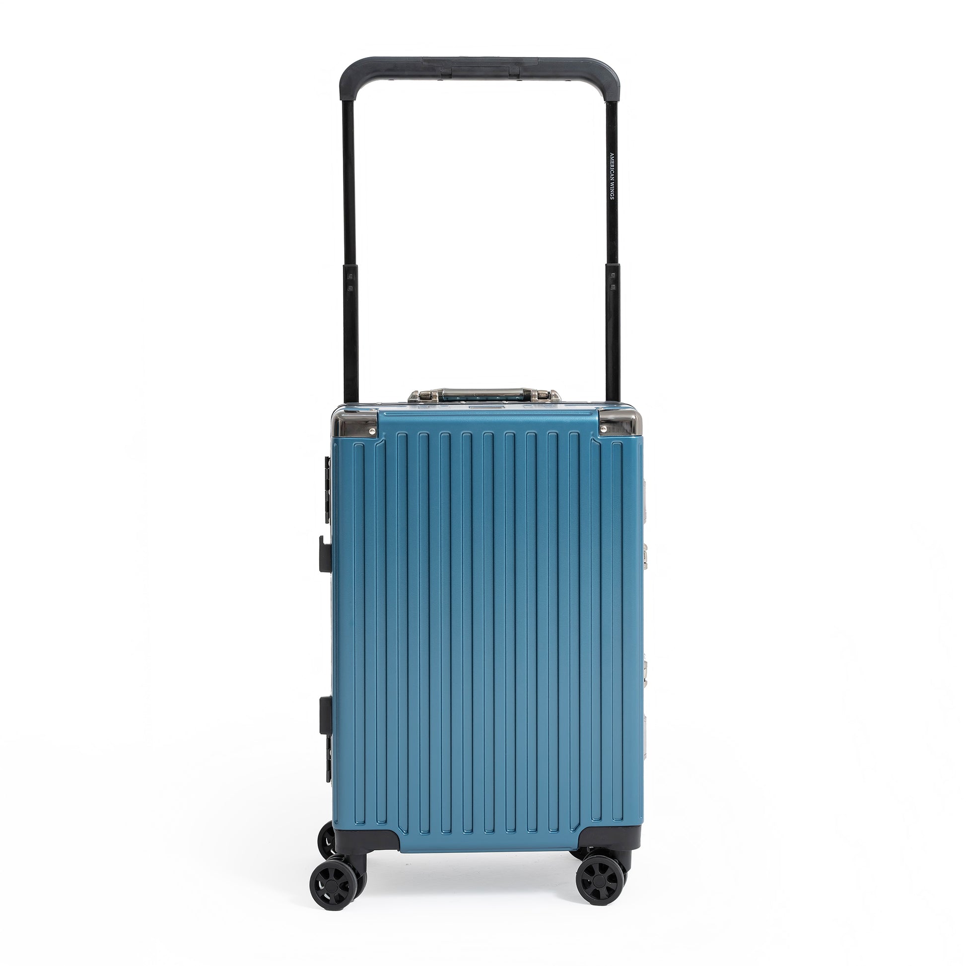 Blue suitcase with a black handle on a white background