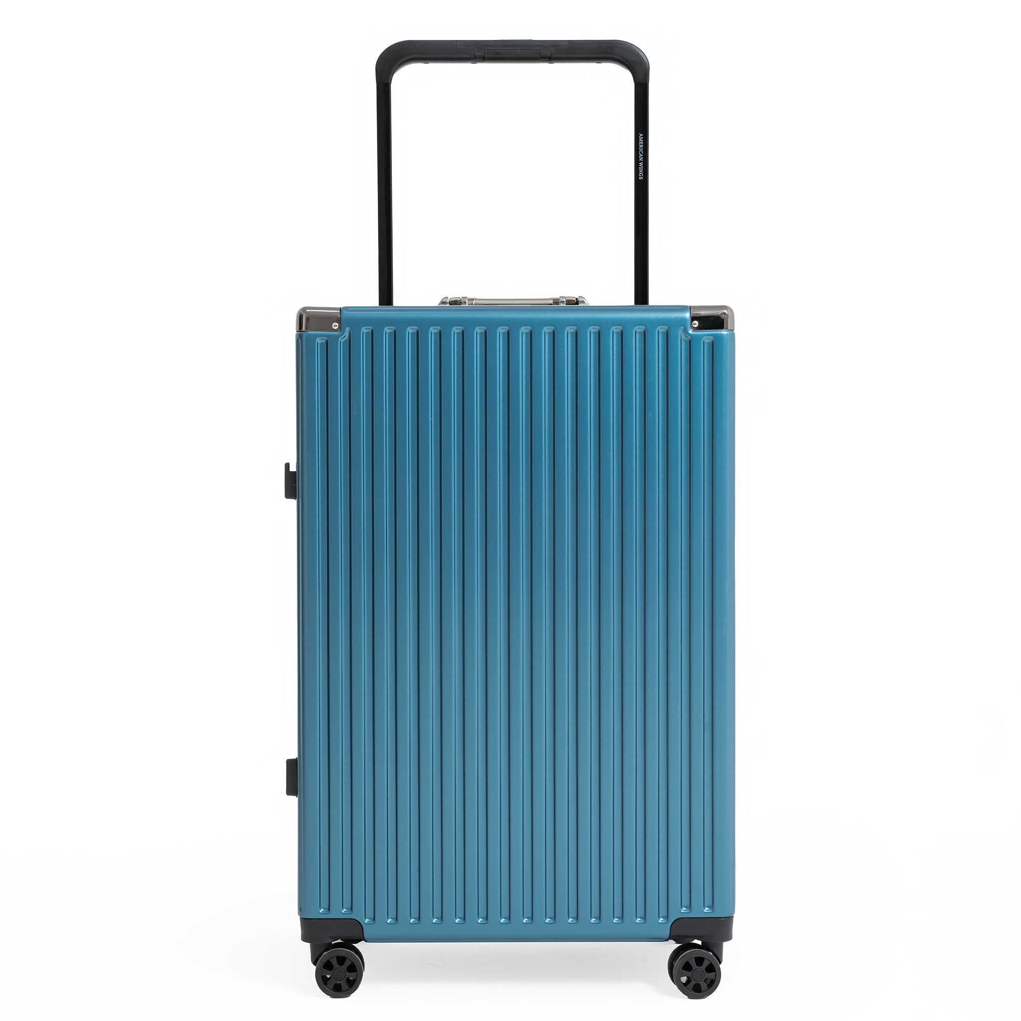 Blue suitcase with a ribbed texture on a white background