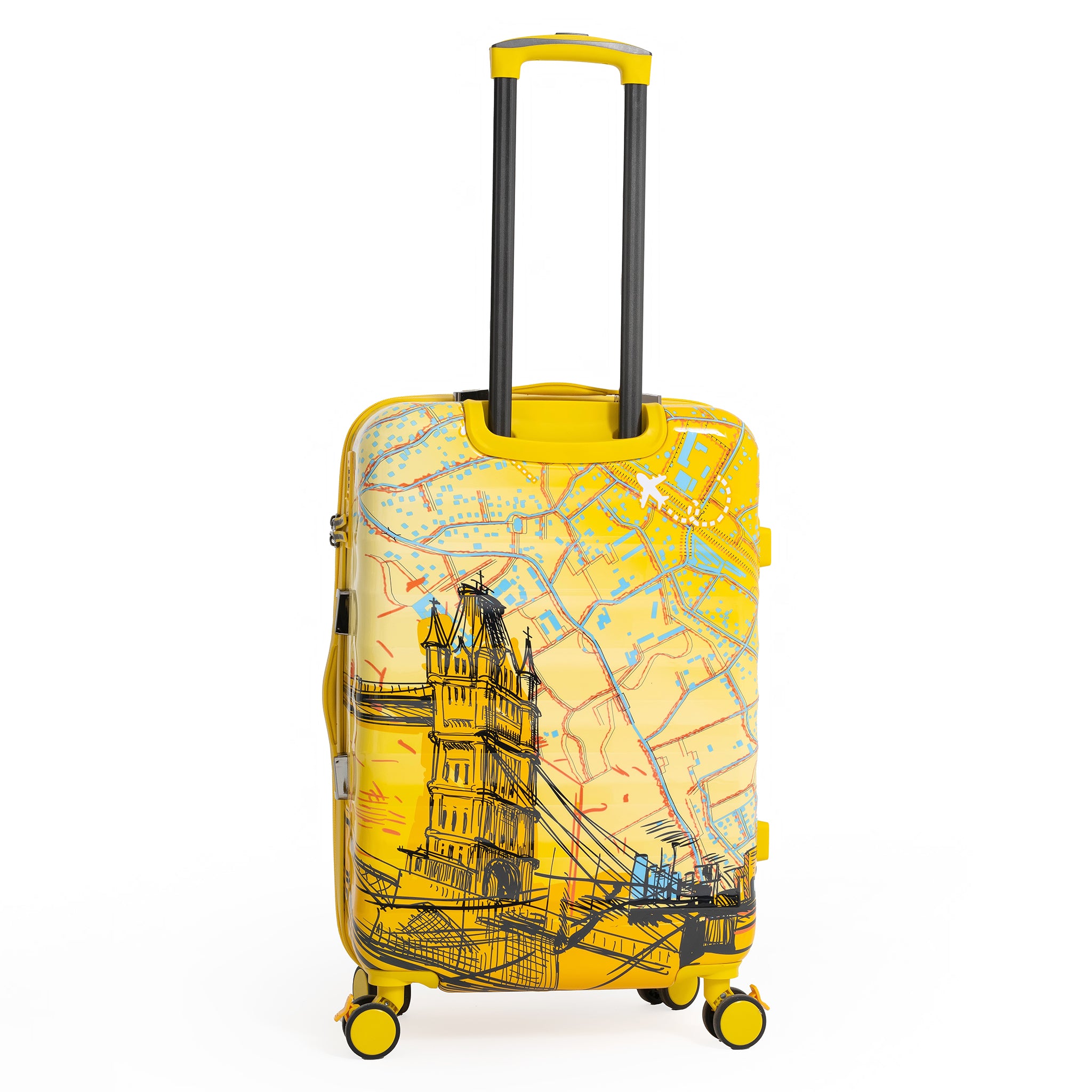 Yellow suitcase with a map and tower design on a white background