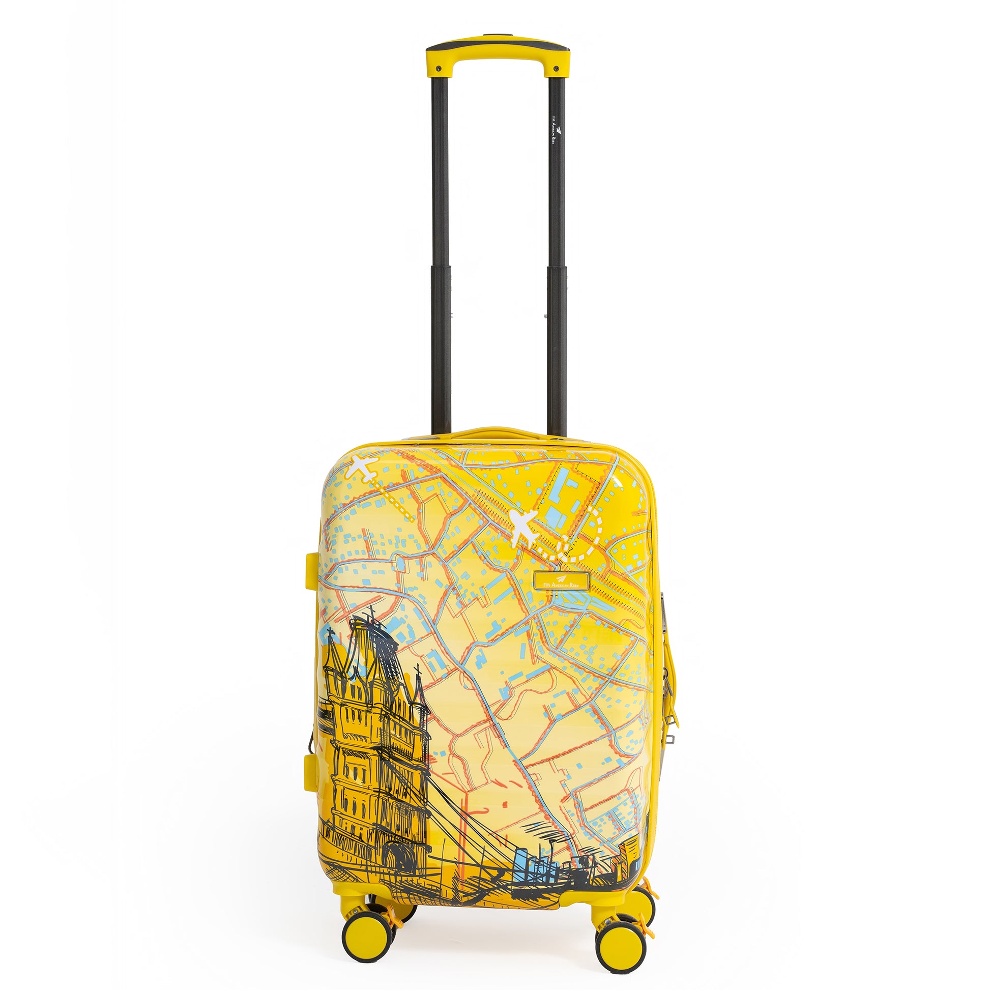 Yellow suitcase with a map design on a white background