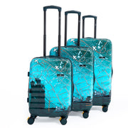 Set of three turquoise suitcases with airplane and cityscape design on a white background