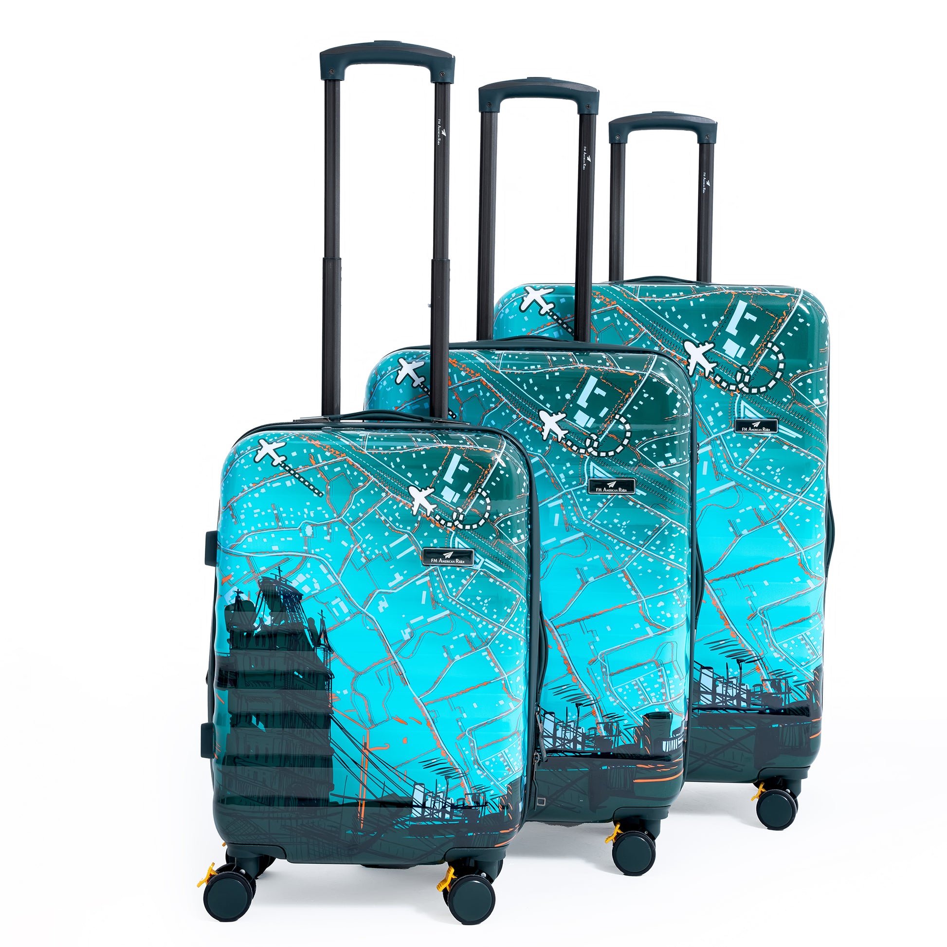 Set of three turquoise suitcases with airplane and cityscape design on a white background