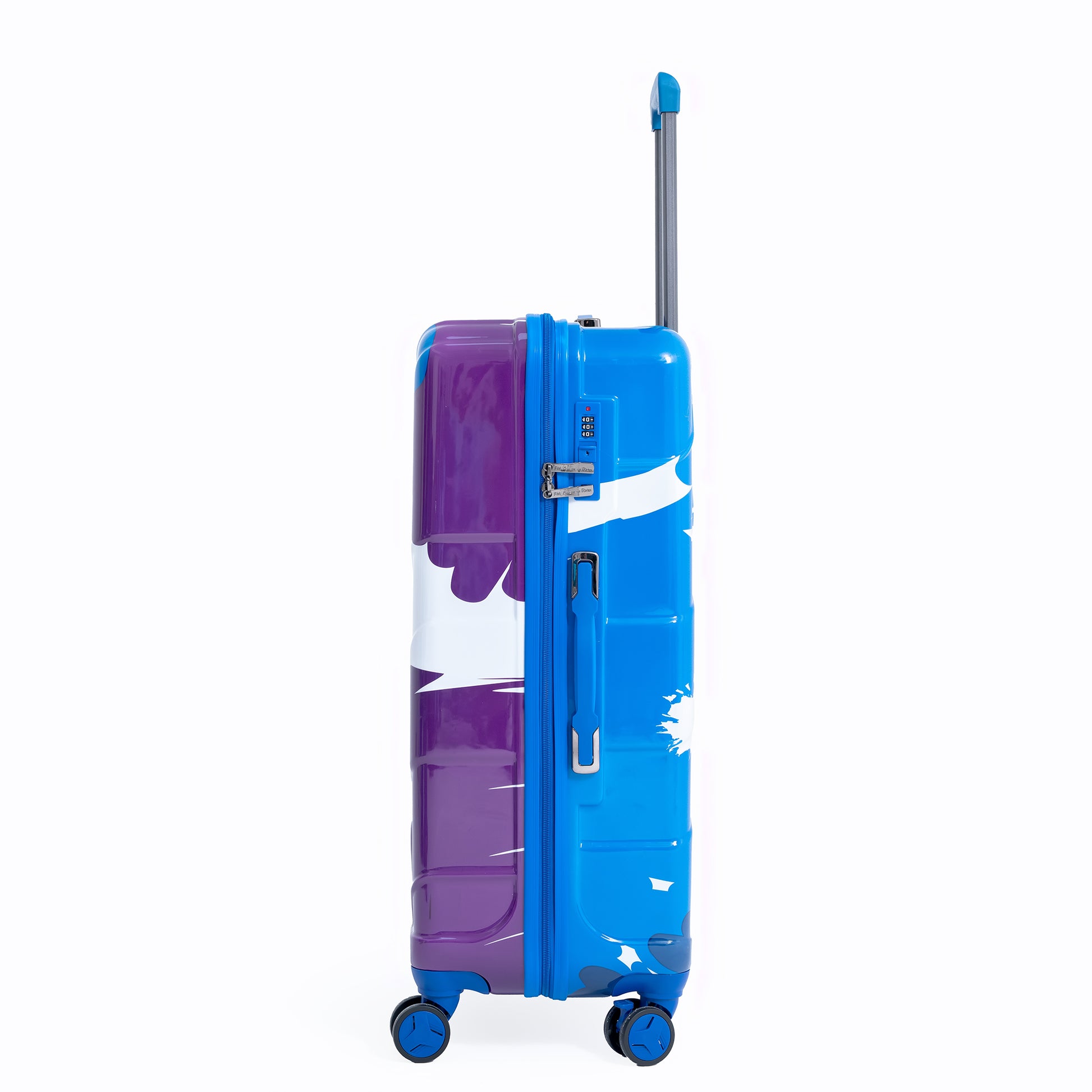 Blue and purple suitcase with floral design on a white background