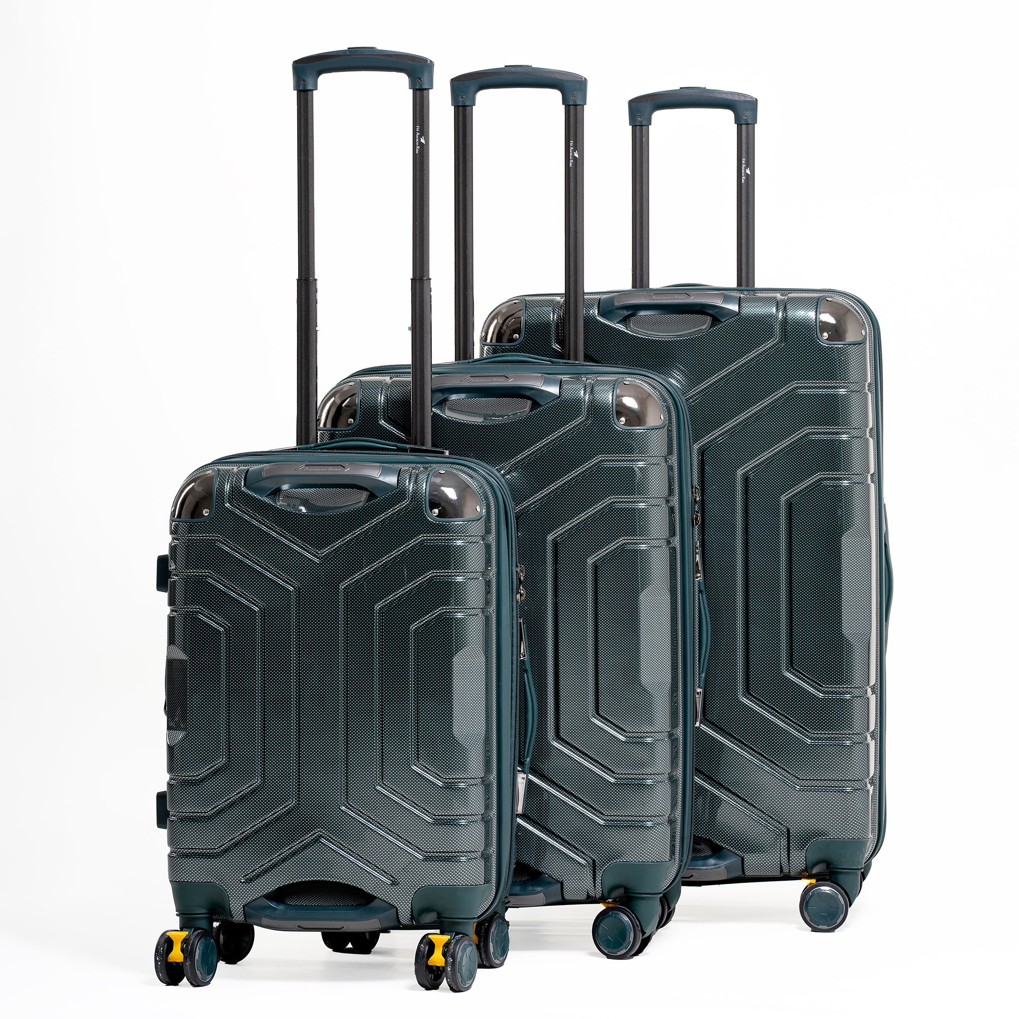 Set of three green suitcases with geometric patterns on a white background