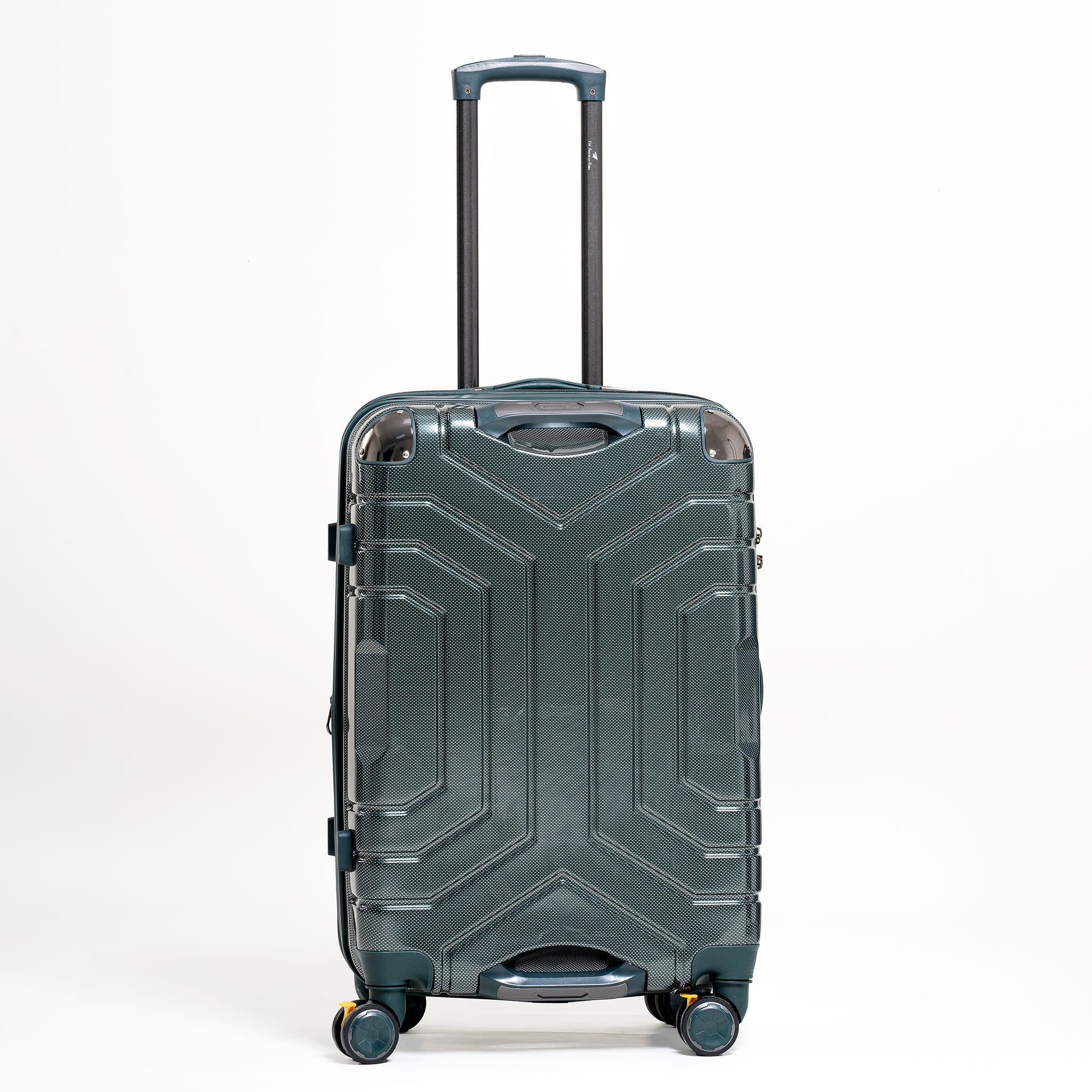 Green suitcase with a geometric design on a white background