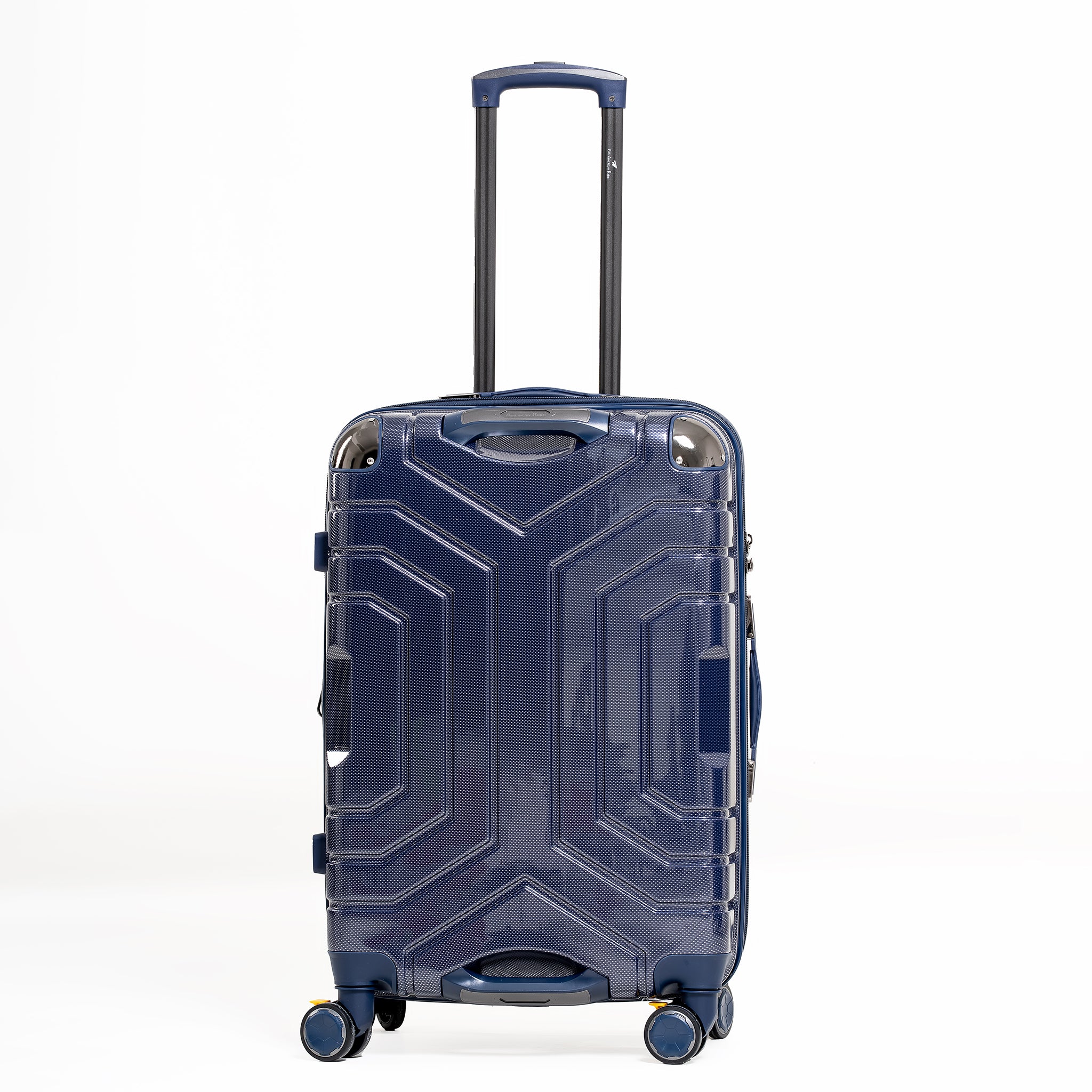 Blue suitcase with geometric design on a white background