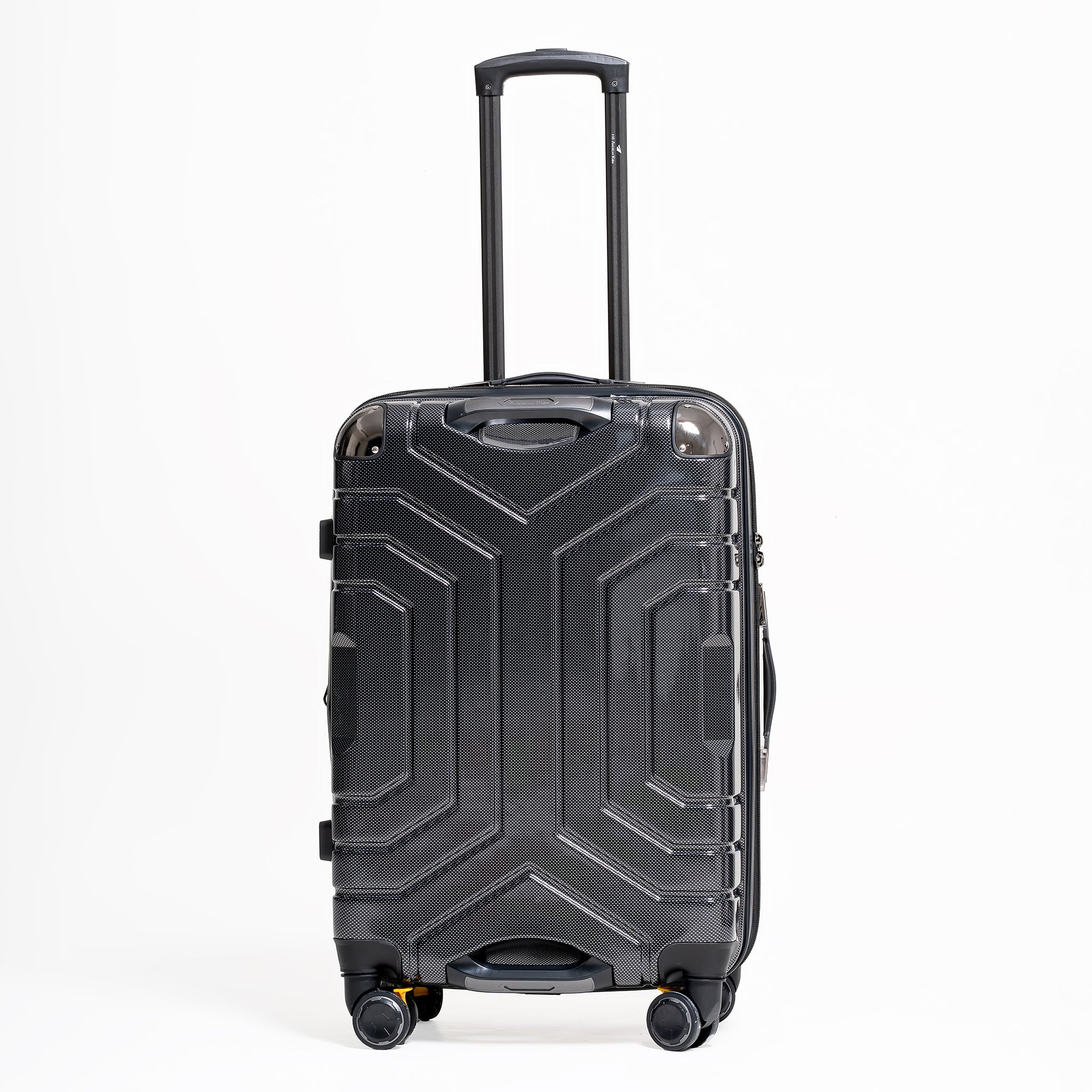 Black suitcase with geometric design on a white background