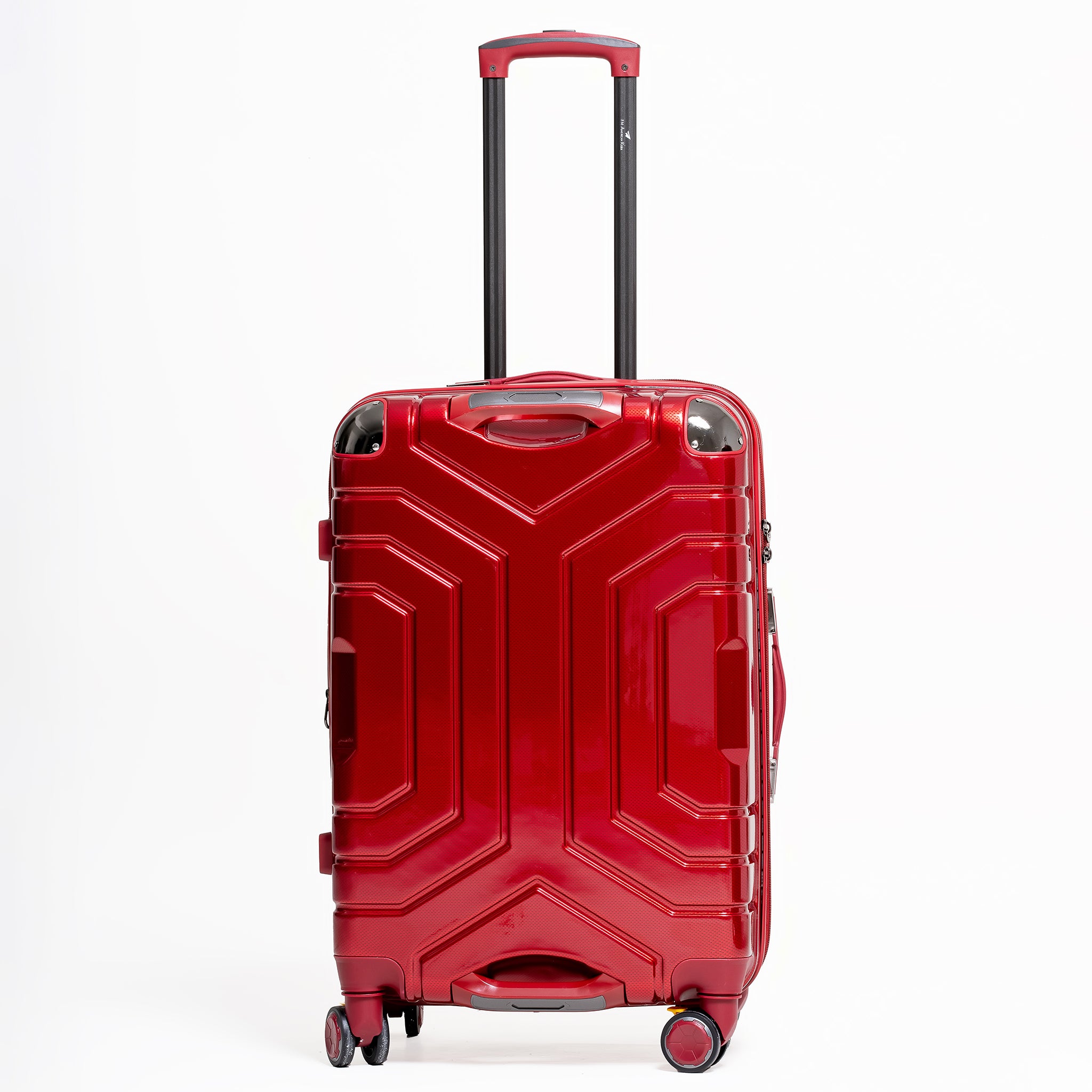 Red suitcase with geometric design on a white background