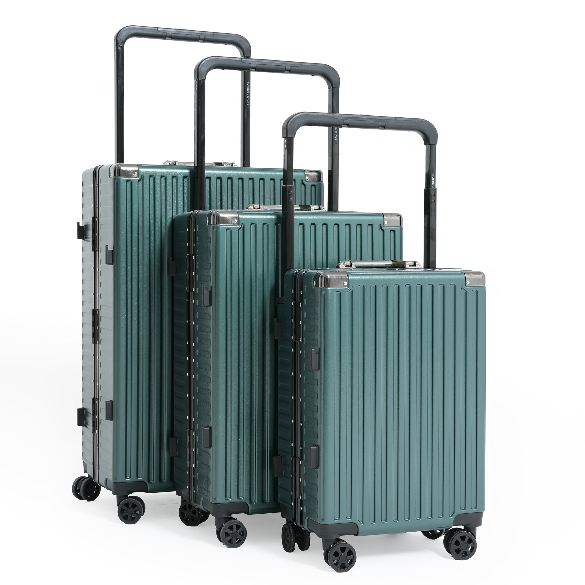 Set of green suitcases with black handles and wheels on a white background