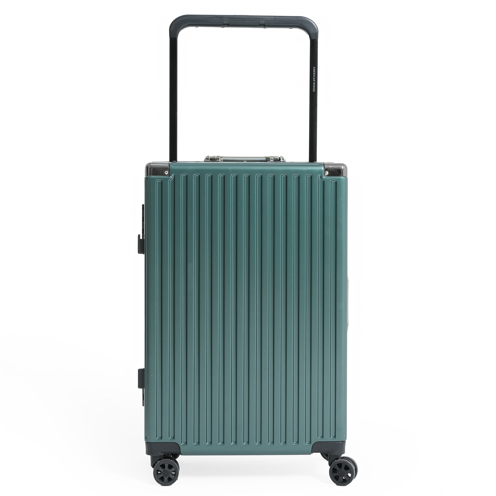 Green suitcase with a black handle on a white background