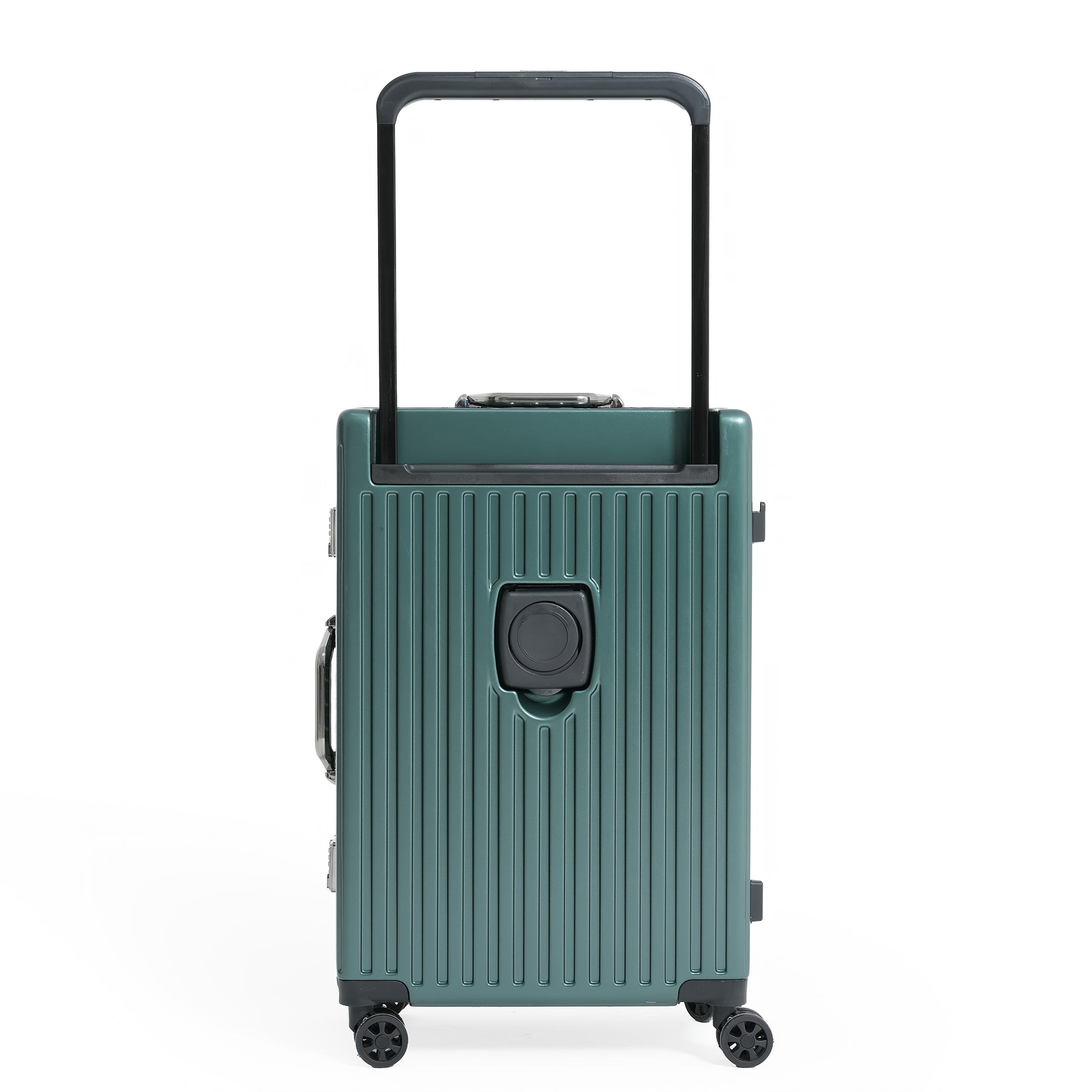 Green suitcase with a black handle and wheels on a white background