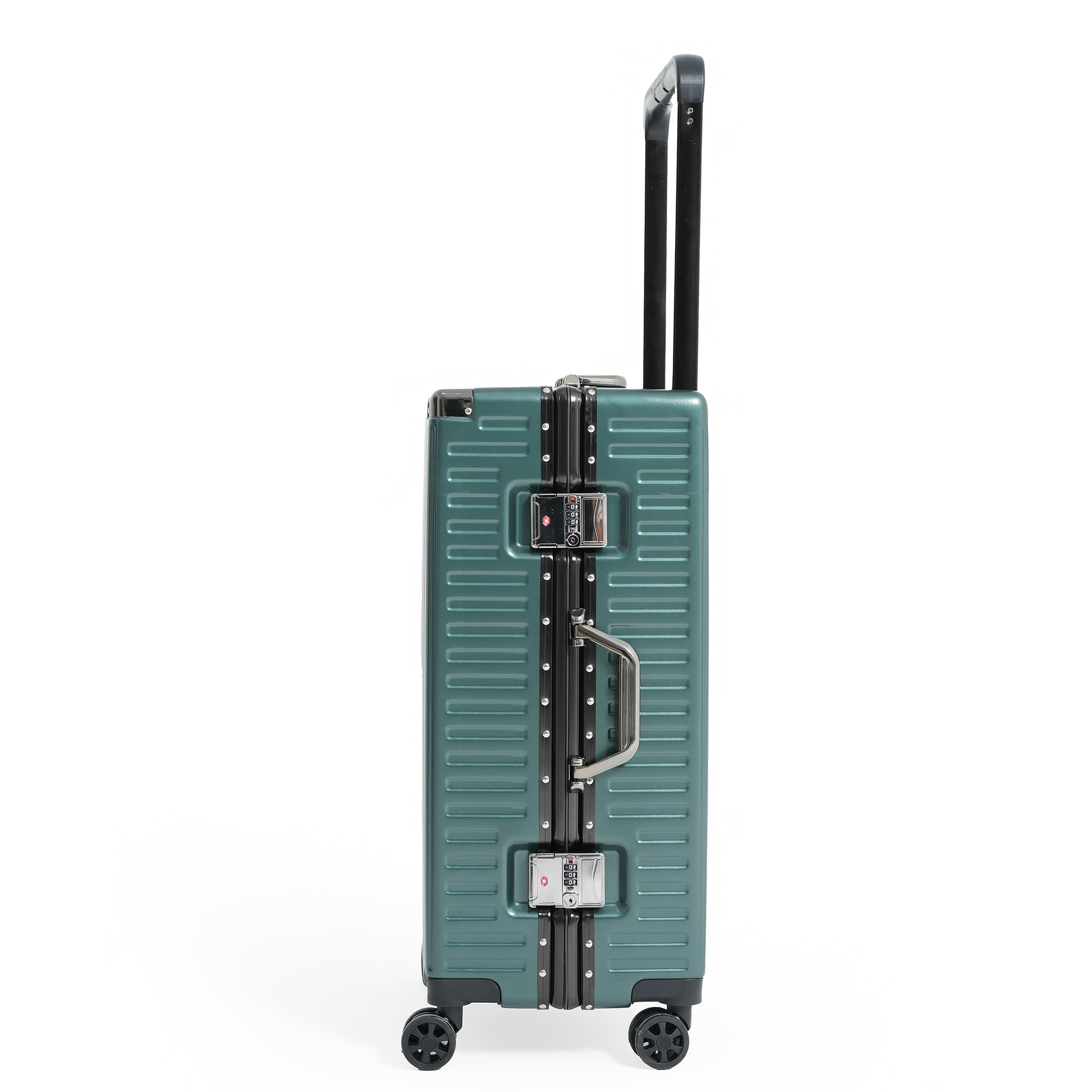 Green suitcase with handle and wheels on a white background