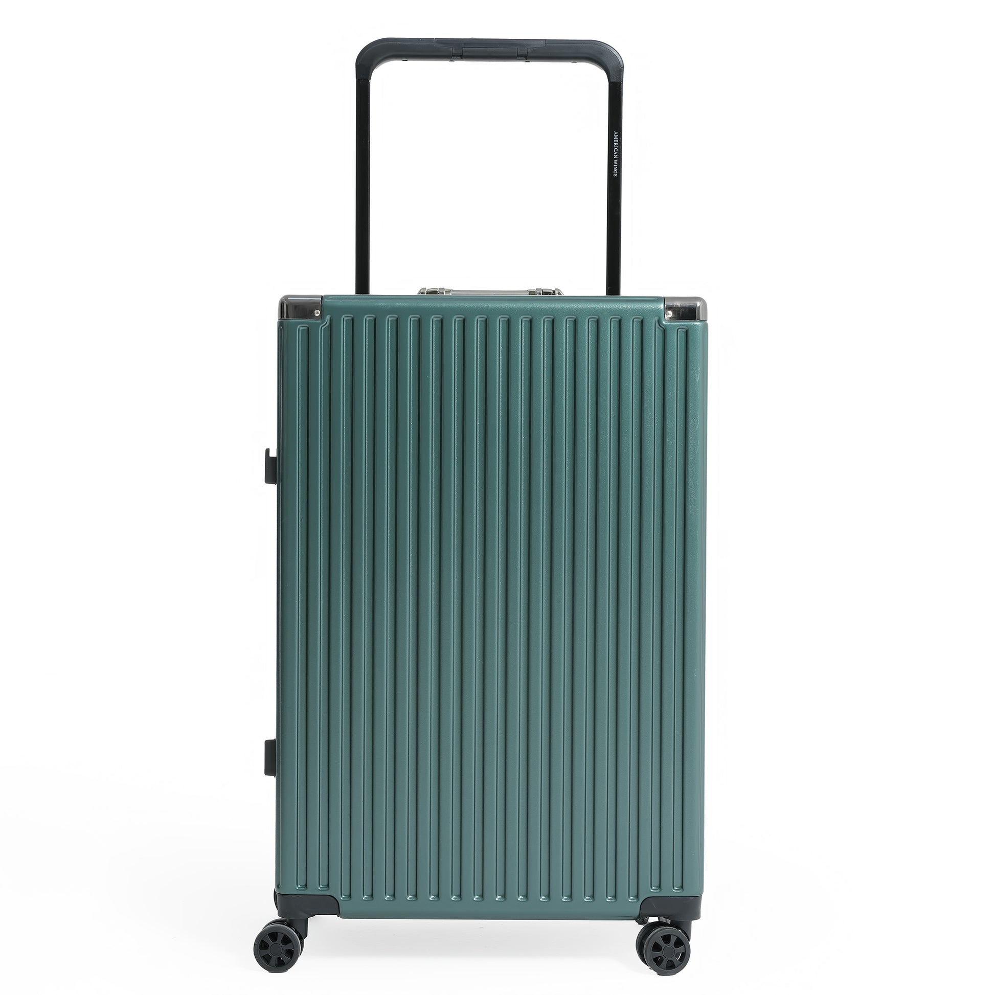 Green suitcase with a ribbed texture on a white background