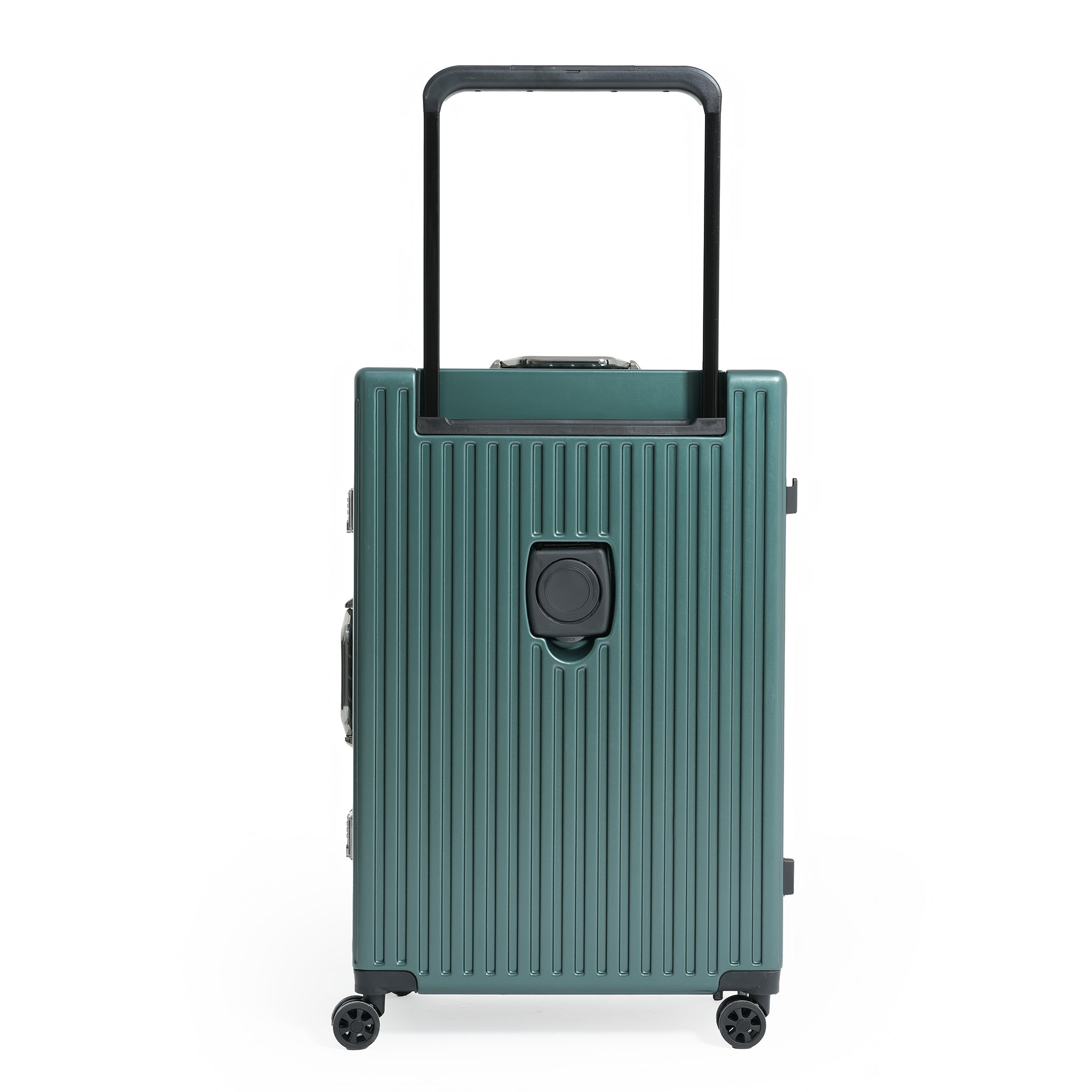 Green suitcase with a black handle on a white background