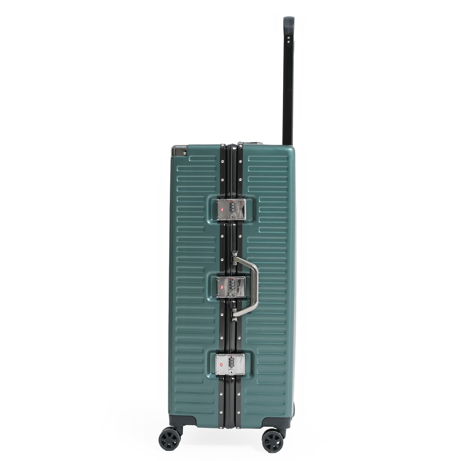 Green suitcase with wheels and handle on a white background