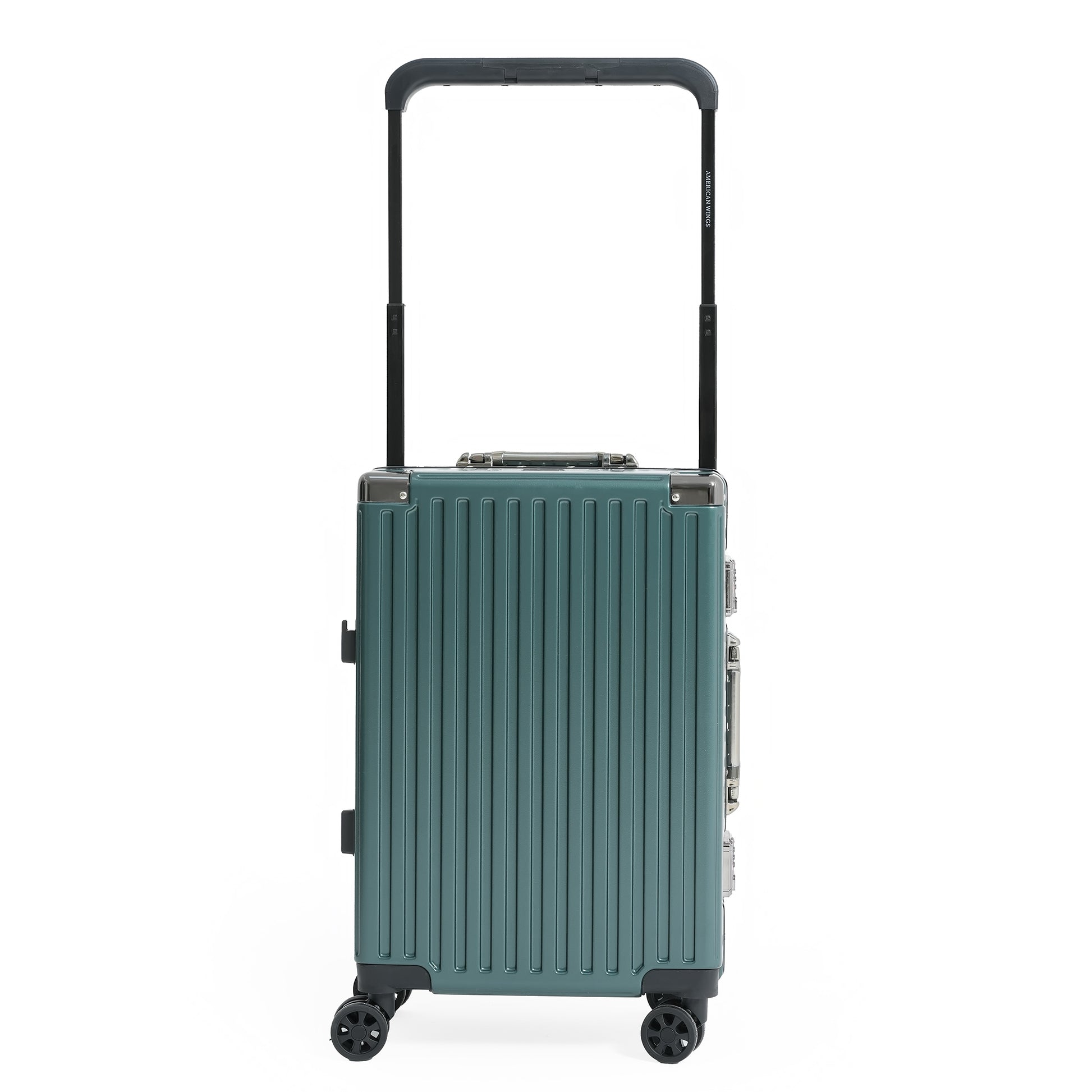 Green suitcase with a black handle on a white background