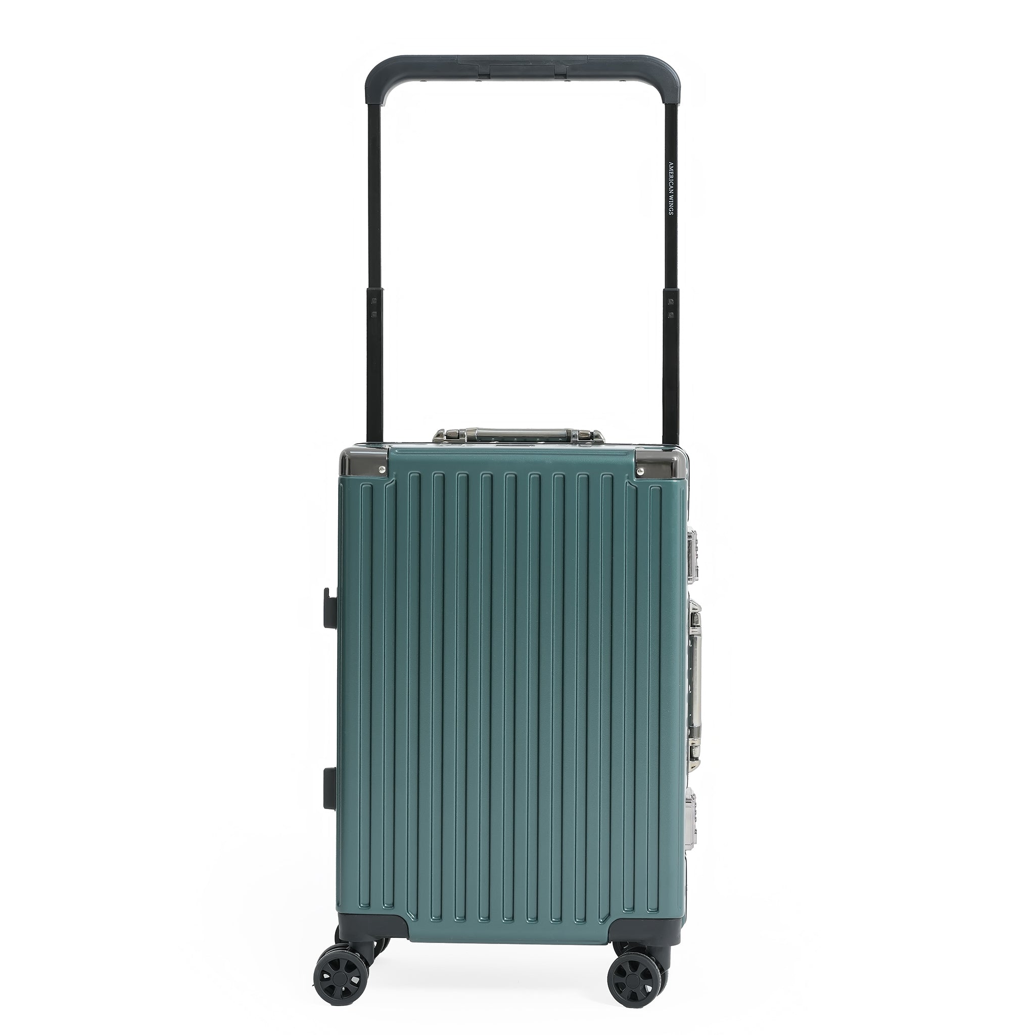 Green suitcase with a black handle on a white background