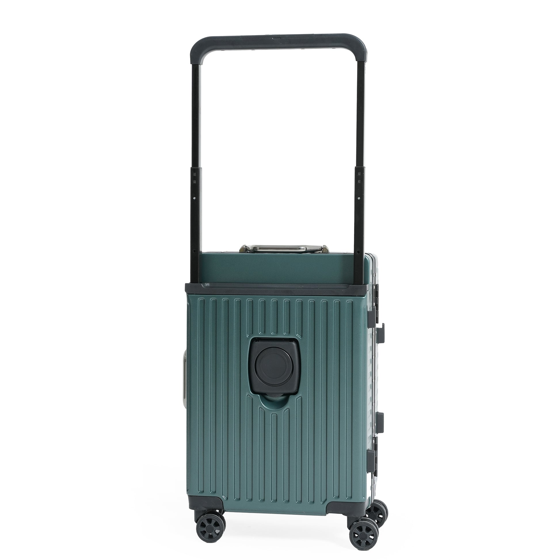 Green suitcase with a black handle on a white background