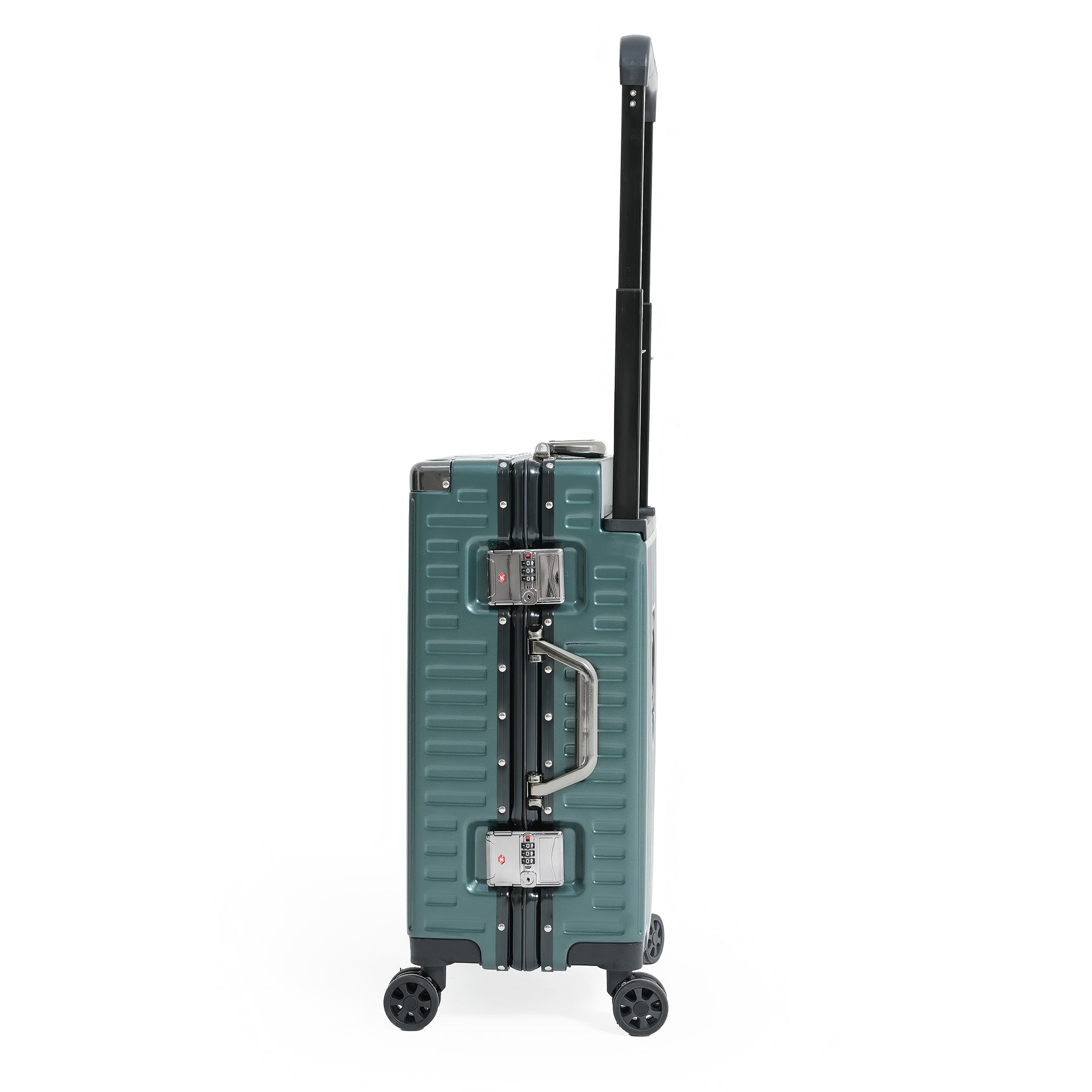 Green suitcase with wheels and handle on a white background