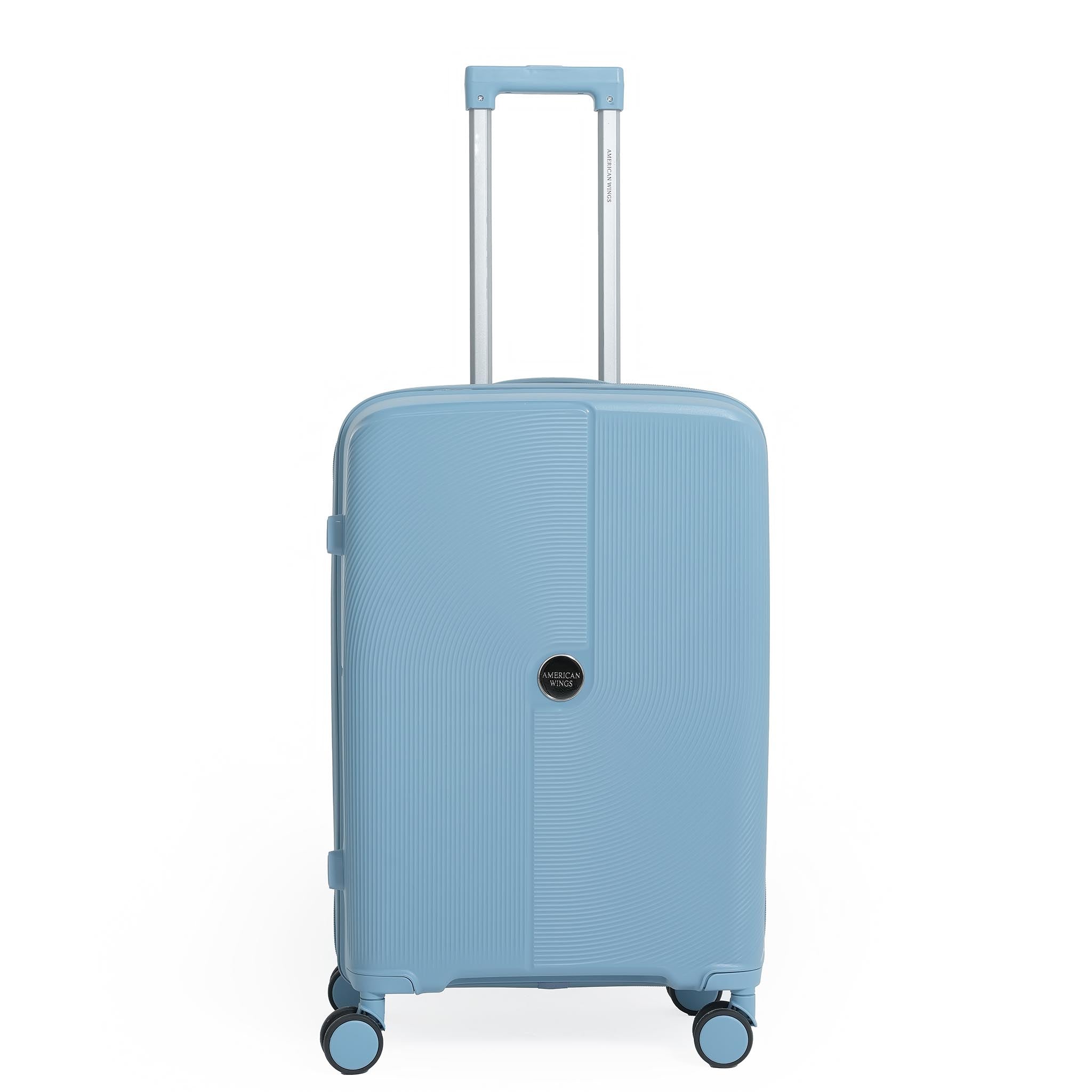Blue suitcase with a visible brand logo on a white background