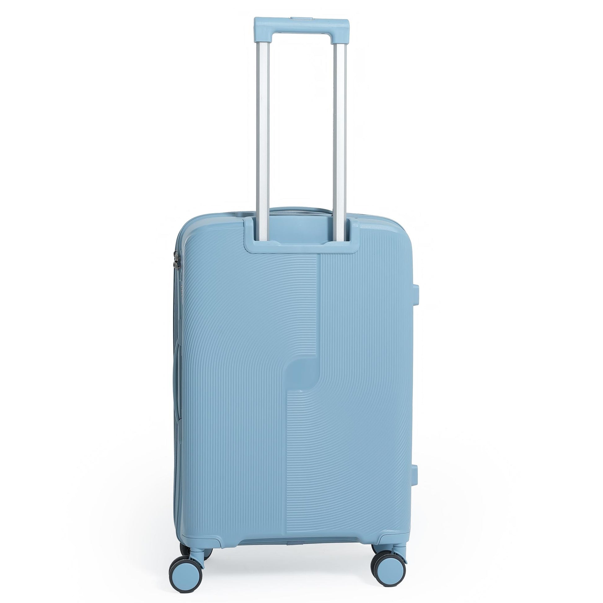 Blue suitcase with a textured surface on a white background