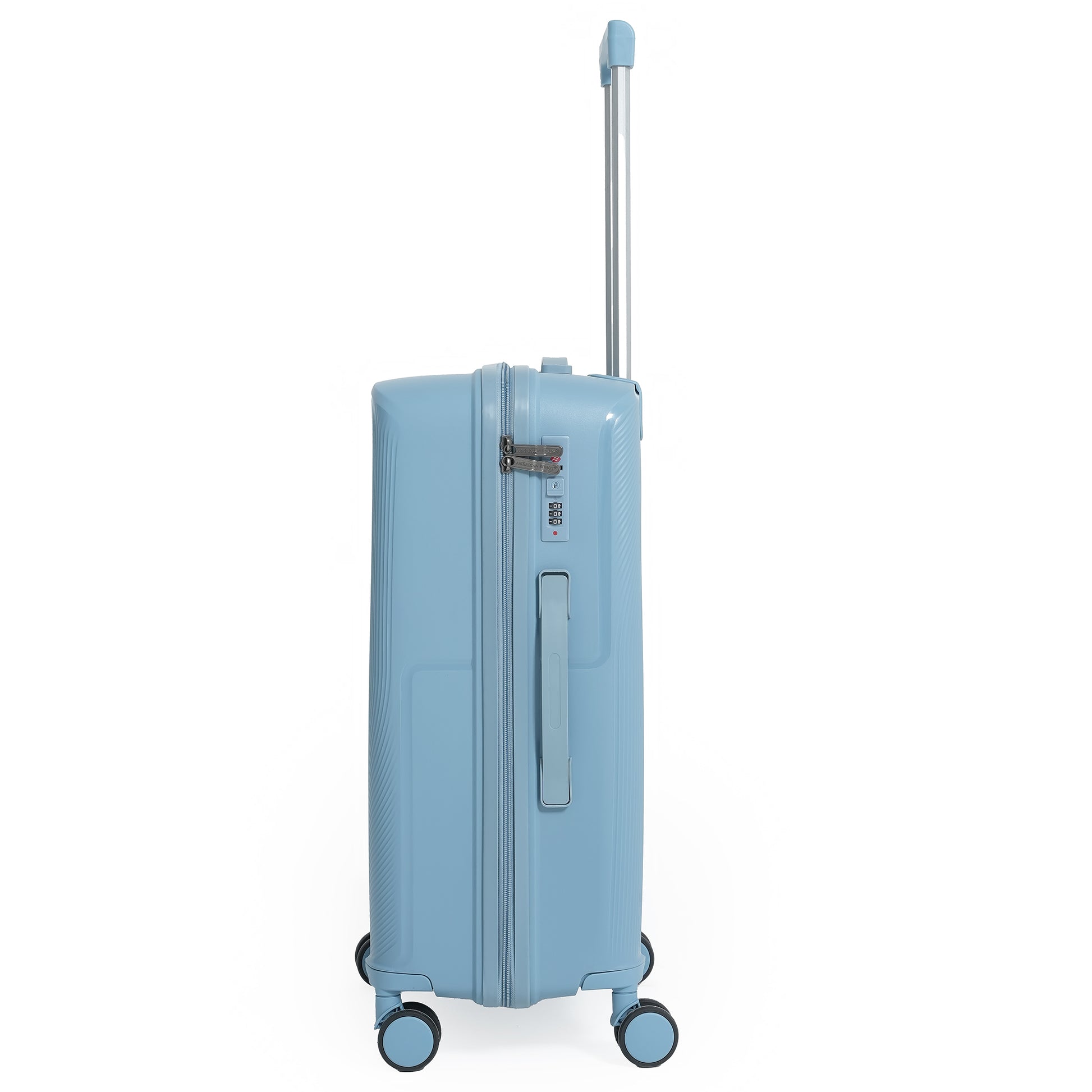 Light blue suitcase with wheels and handle on a white background
