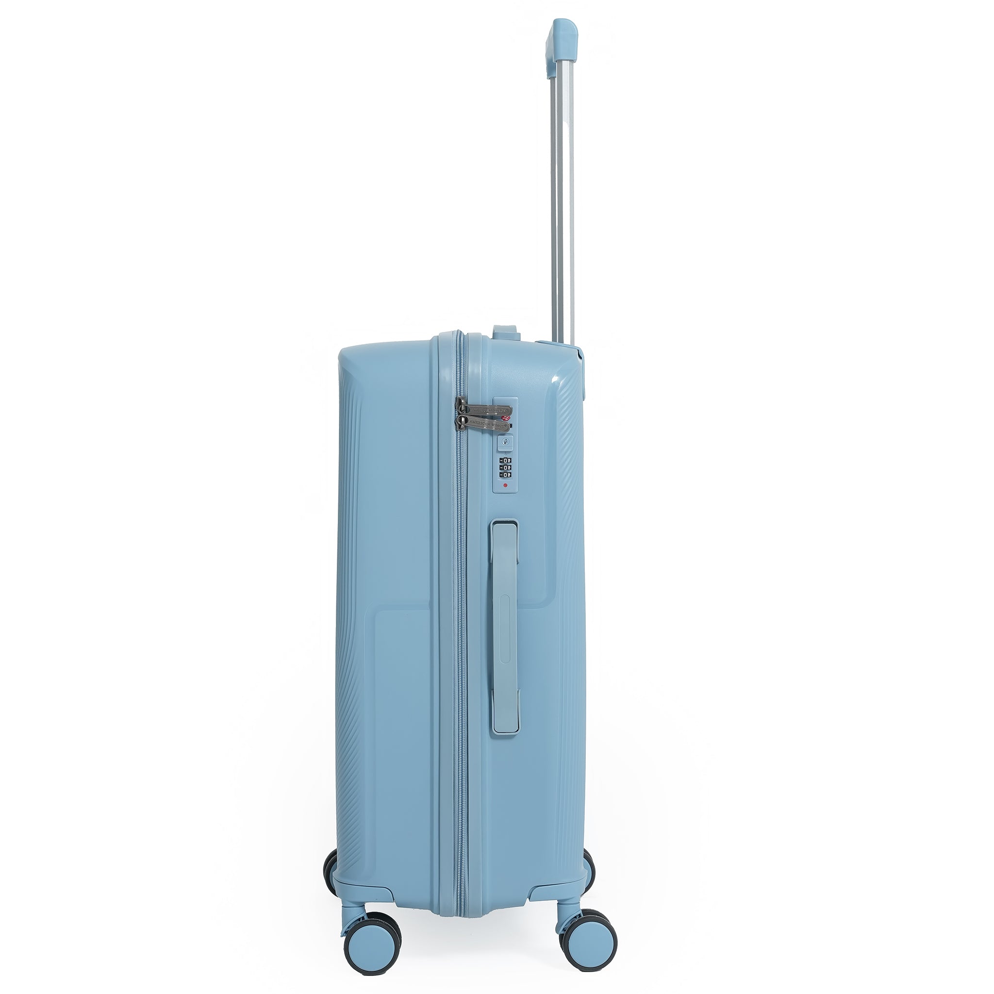 Light blue suitcase with wheels and handle on a white background