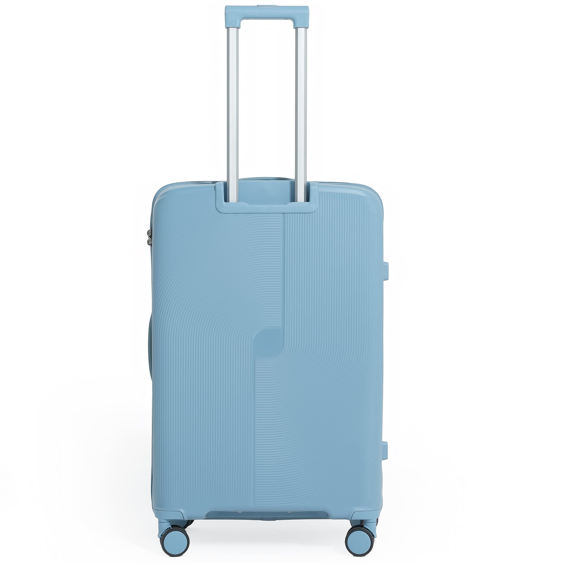 Light blue suitcase with a handle on a white background