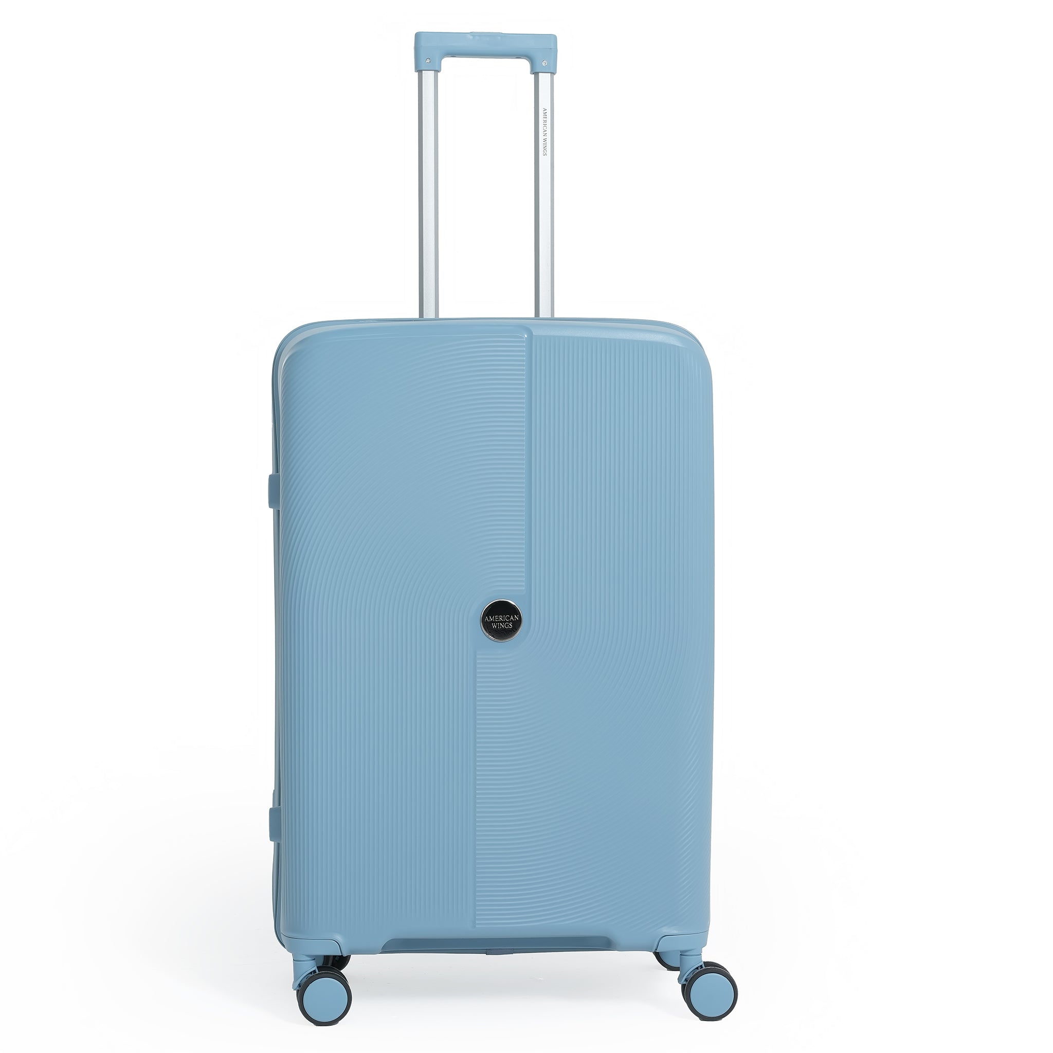 Light blue suitcase with a visible brand logo on a white background