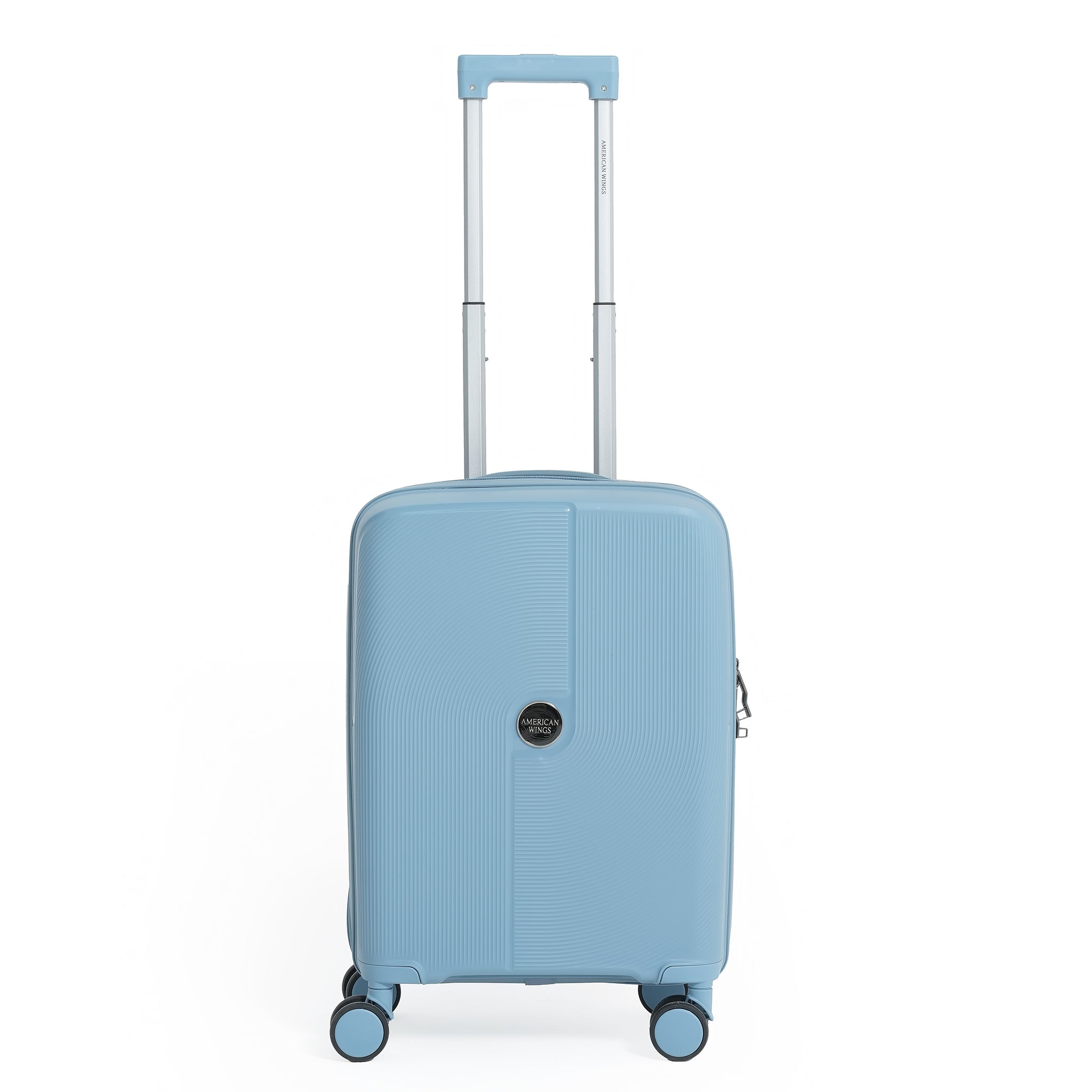 Light blue suitcase with a visible brand logo on a white background
