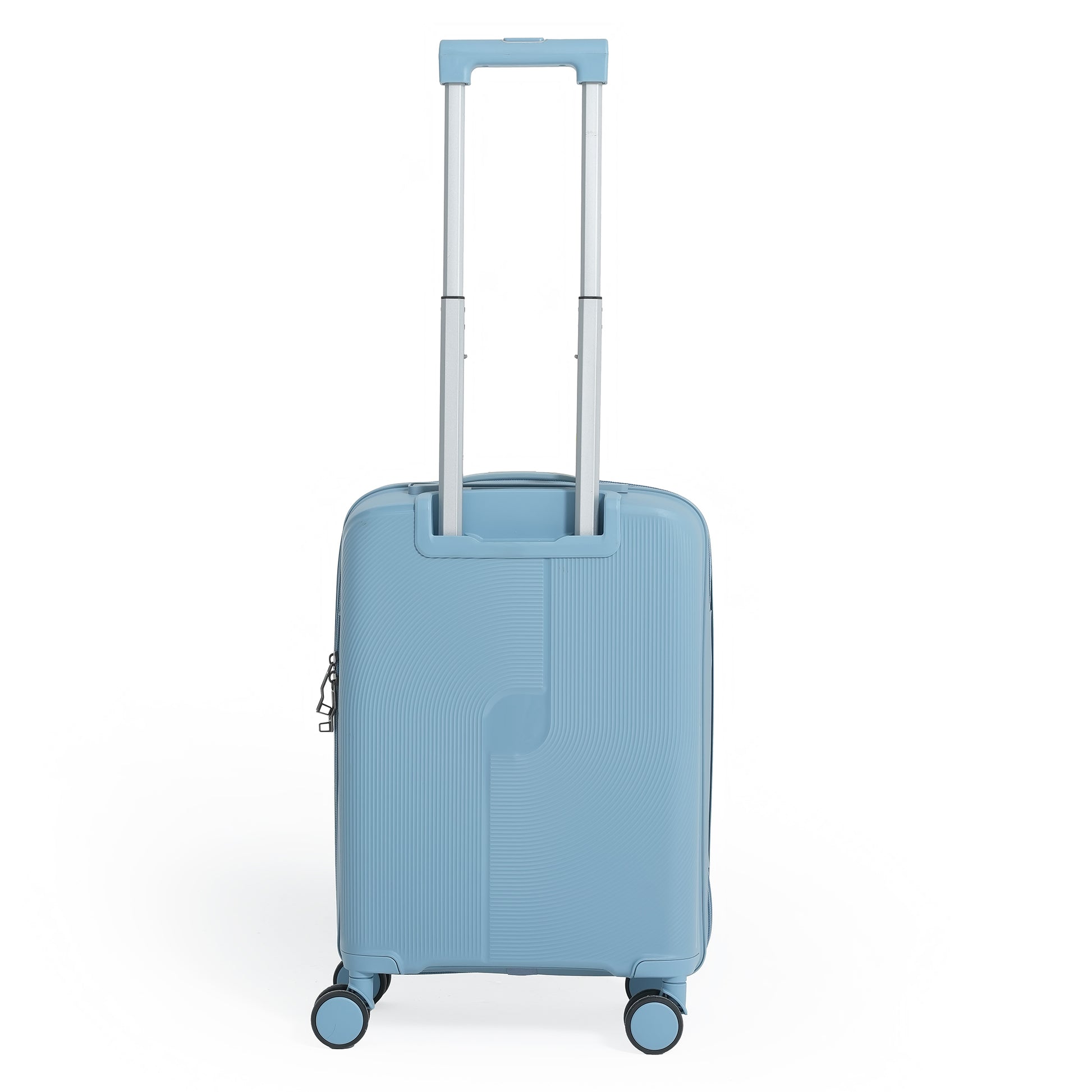 Light blue suitcase with a handle on a white background