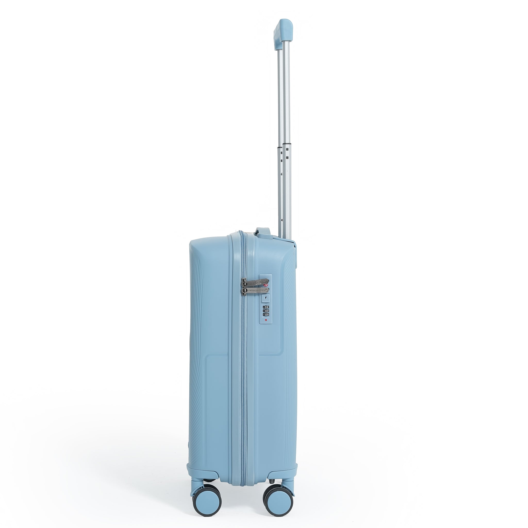 Light blue suitcase with a handle on a white background