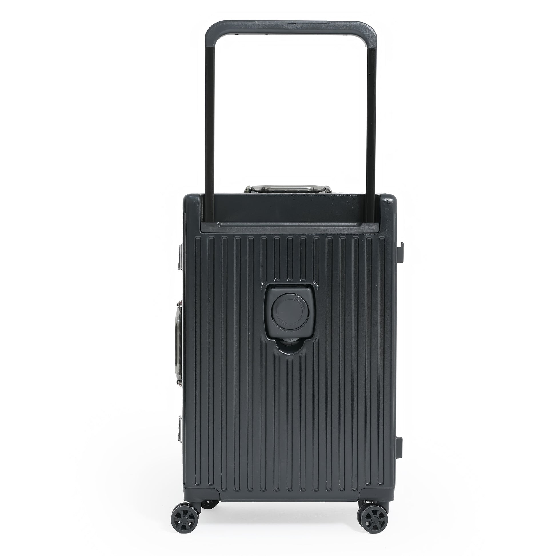 Black suitcase with a handle on a white background