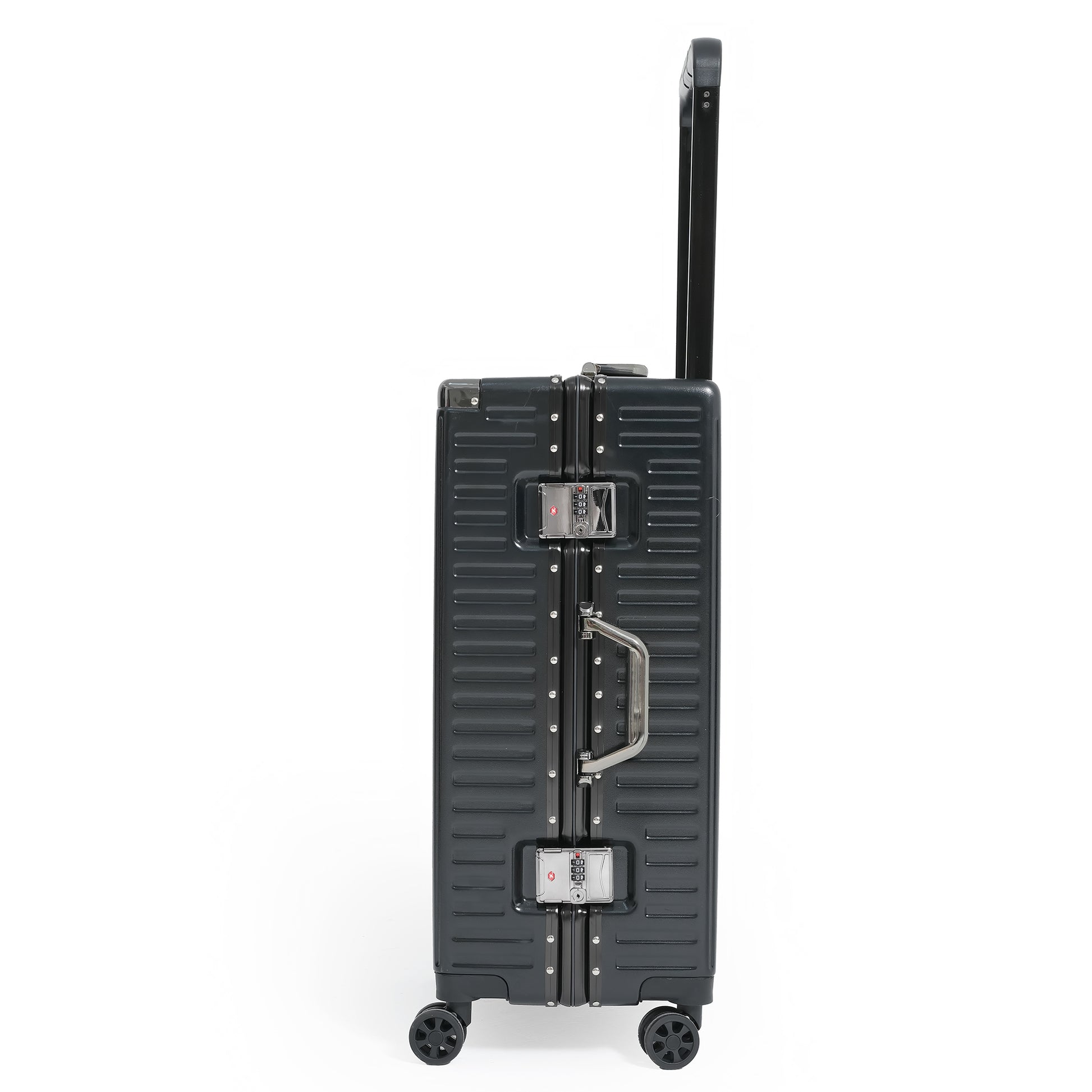 Black suitcase with wheels and handle on a white background