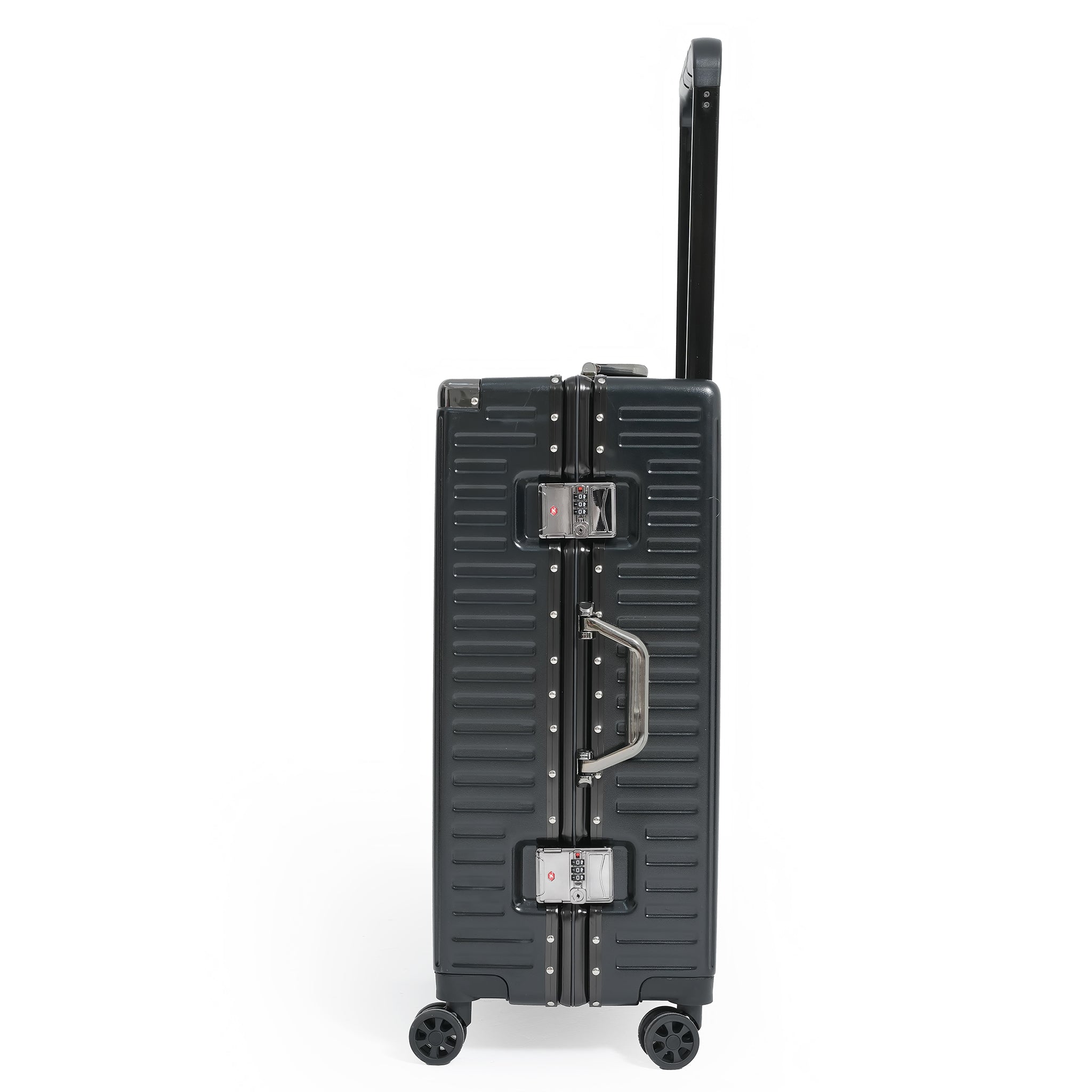 Black suitcase with wheels and handle on a white background