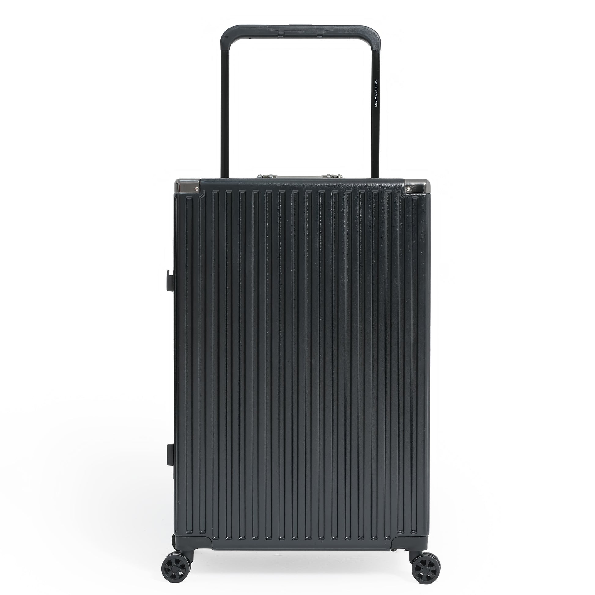Black suitcase with a ribbed texture on a white background