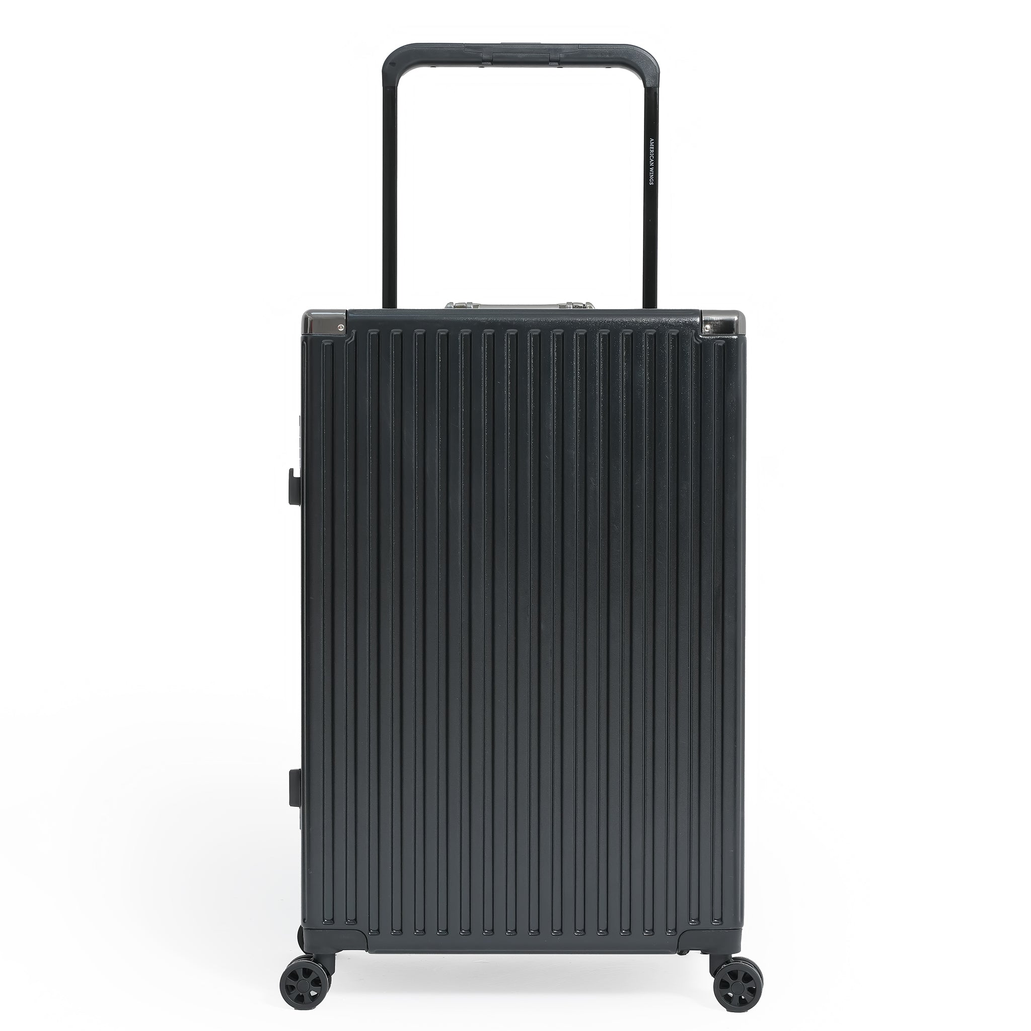 Black suitcase with a ribbed texture on a white background