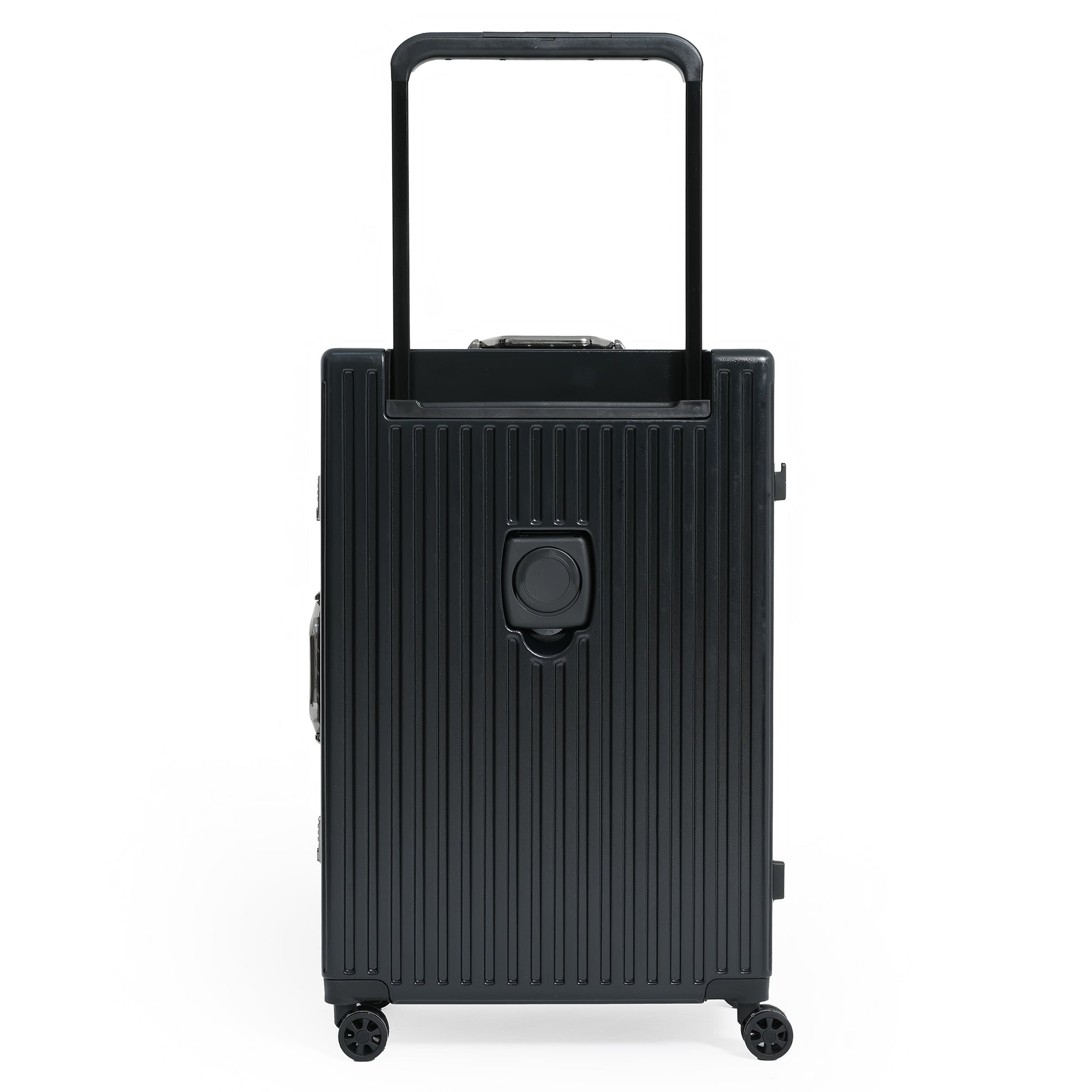 Black suitcase with a handle on a white background