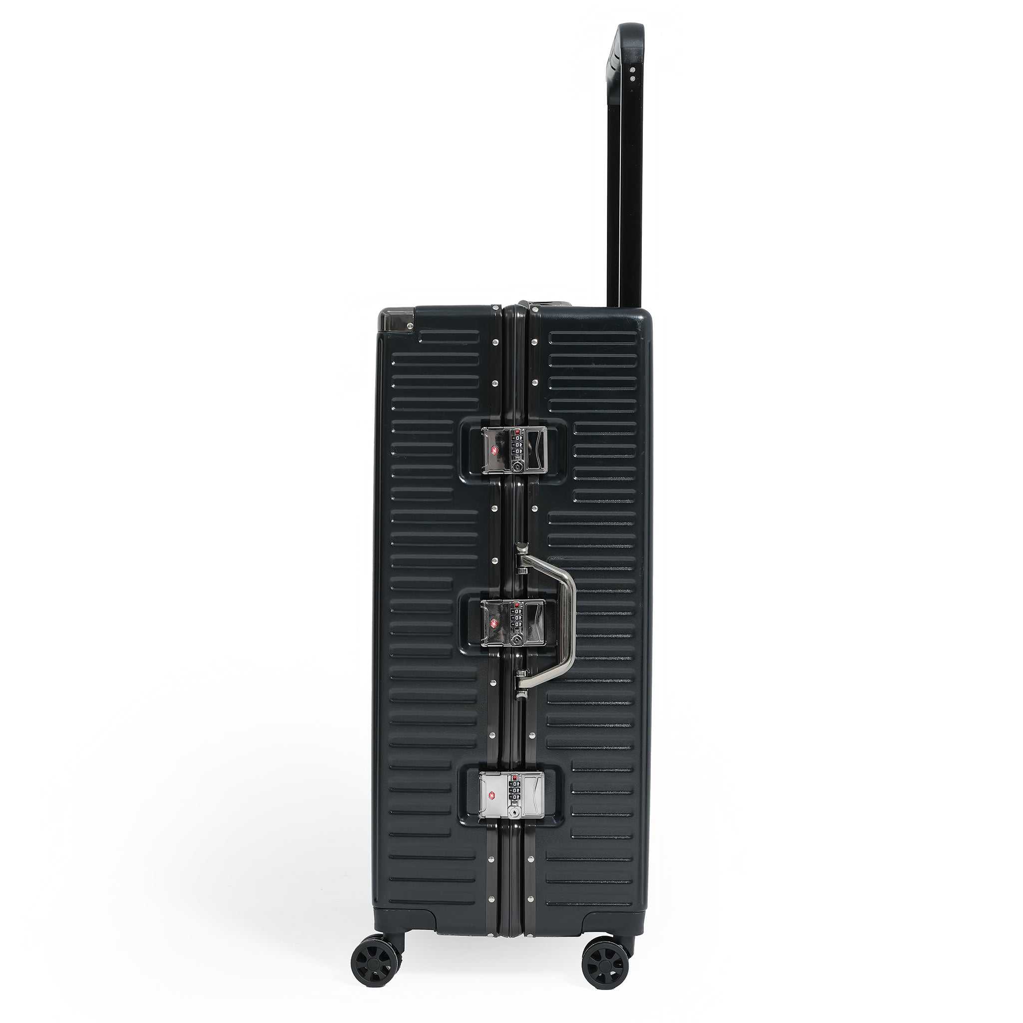 Black suitcase with wheels and handle on a white background