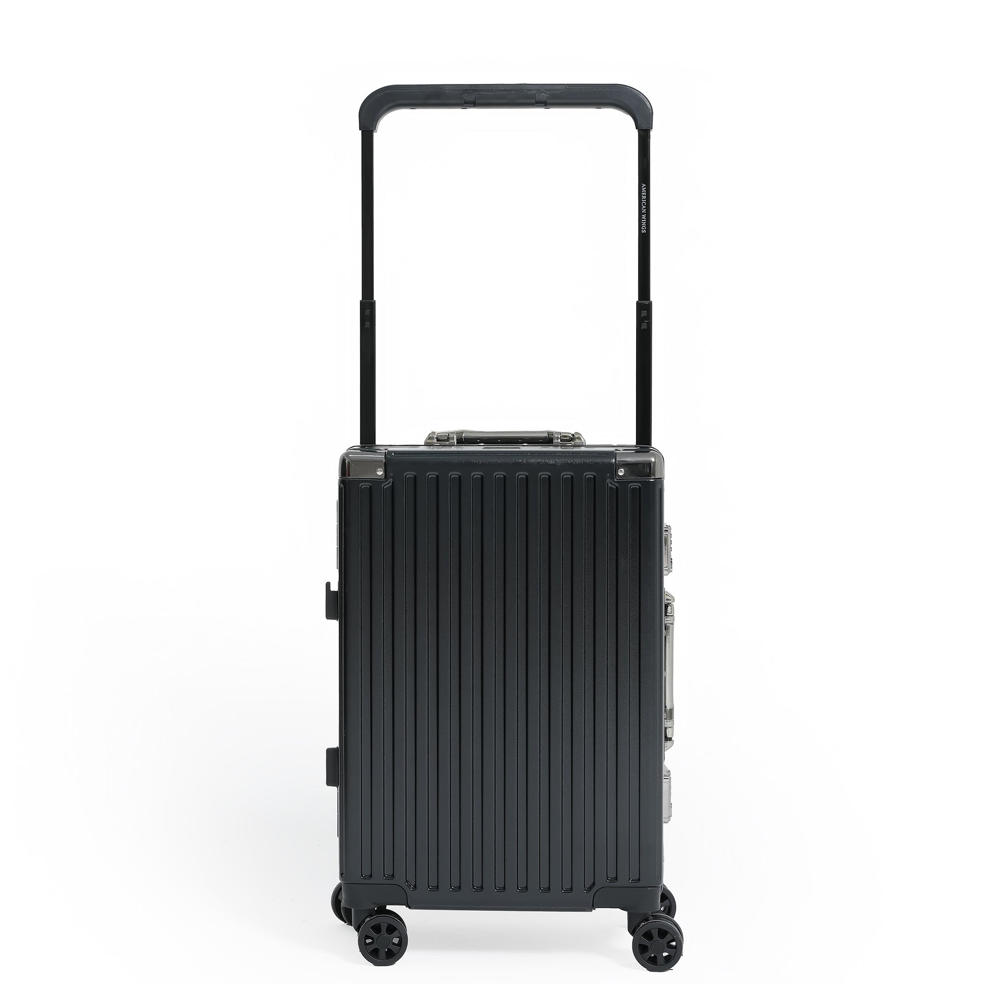Black suitcase with a ribbed texture on a white background